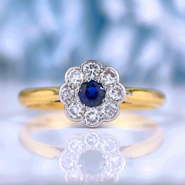 Ellibelle Jewellery Art Deco Blue Sapphire & Diamond Daisy Cluster Ring