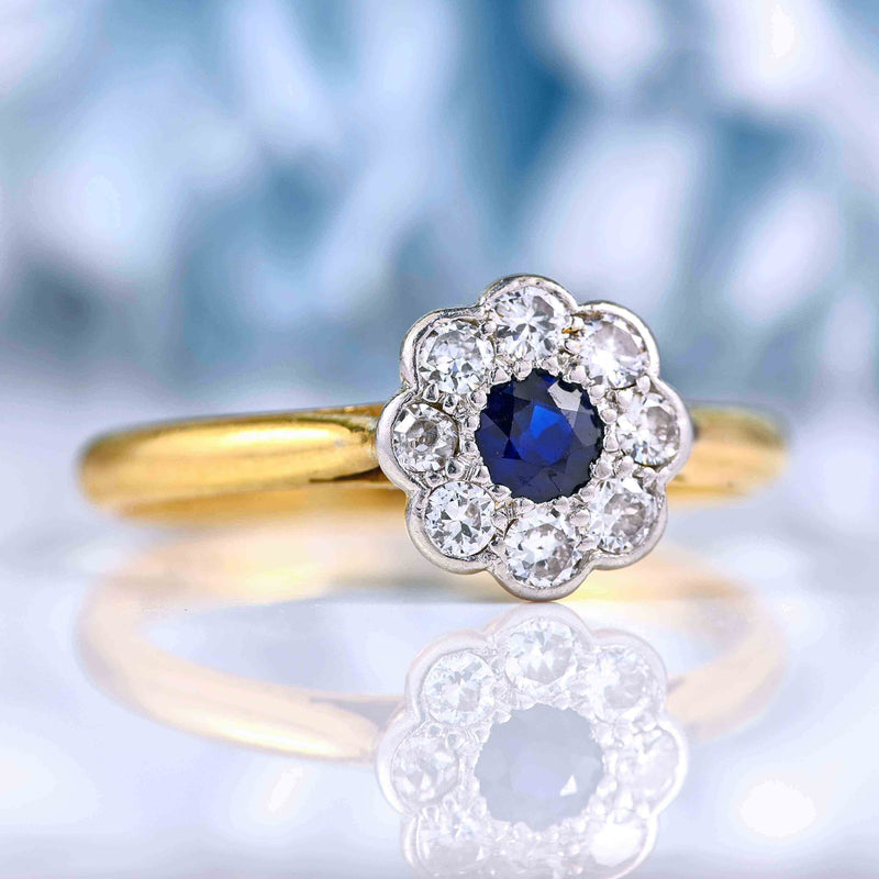 Ellibelle Jewellery Art Deco Blue Sapphire & Diamond Daisy Cluster Ring