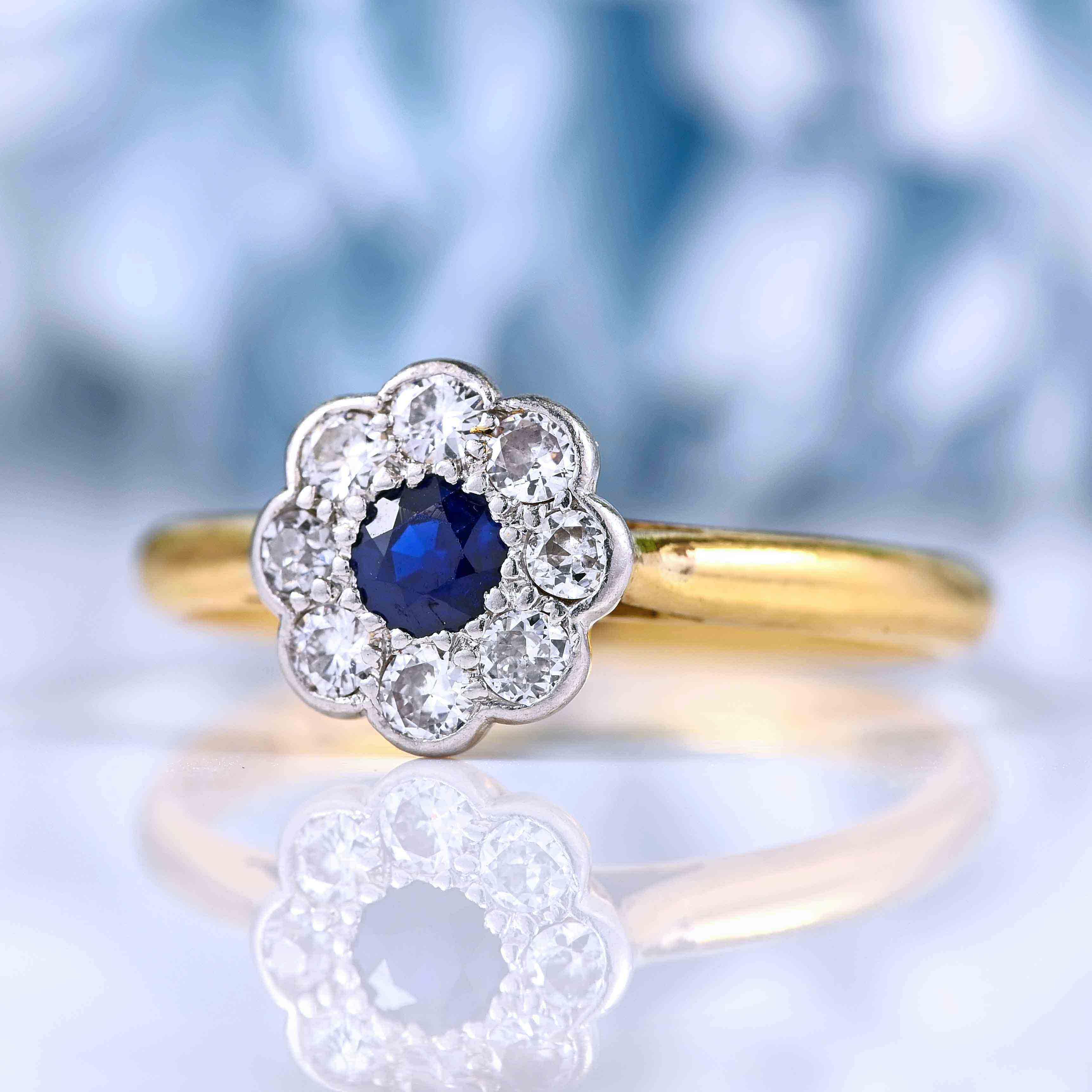 Ellibelle Jewellery Art Deco Blue Sapphire & Diamond Daisy Cluster Ring