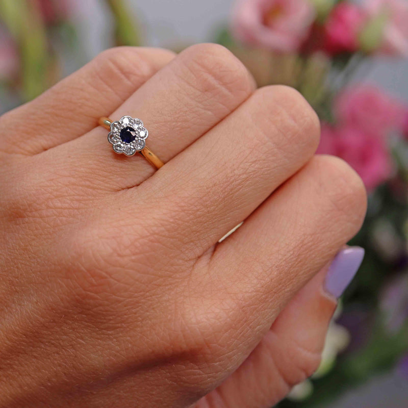 Ellibelle Jewellery Art Deco Blue Sapphire & Diamond Daisy Cluster Ring