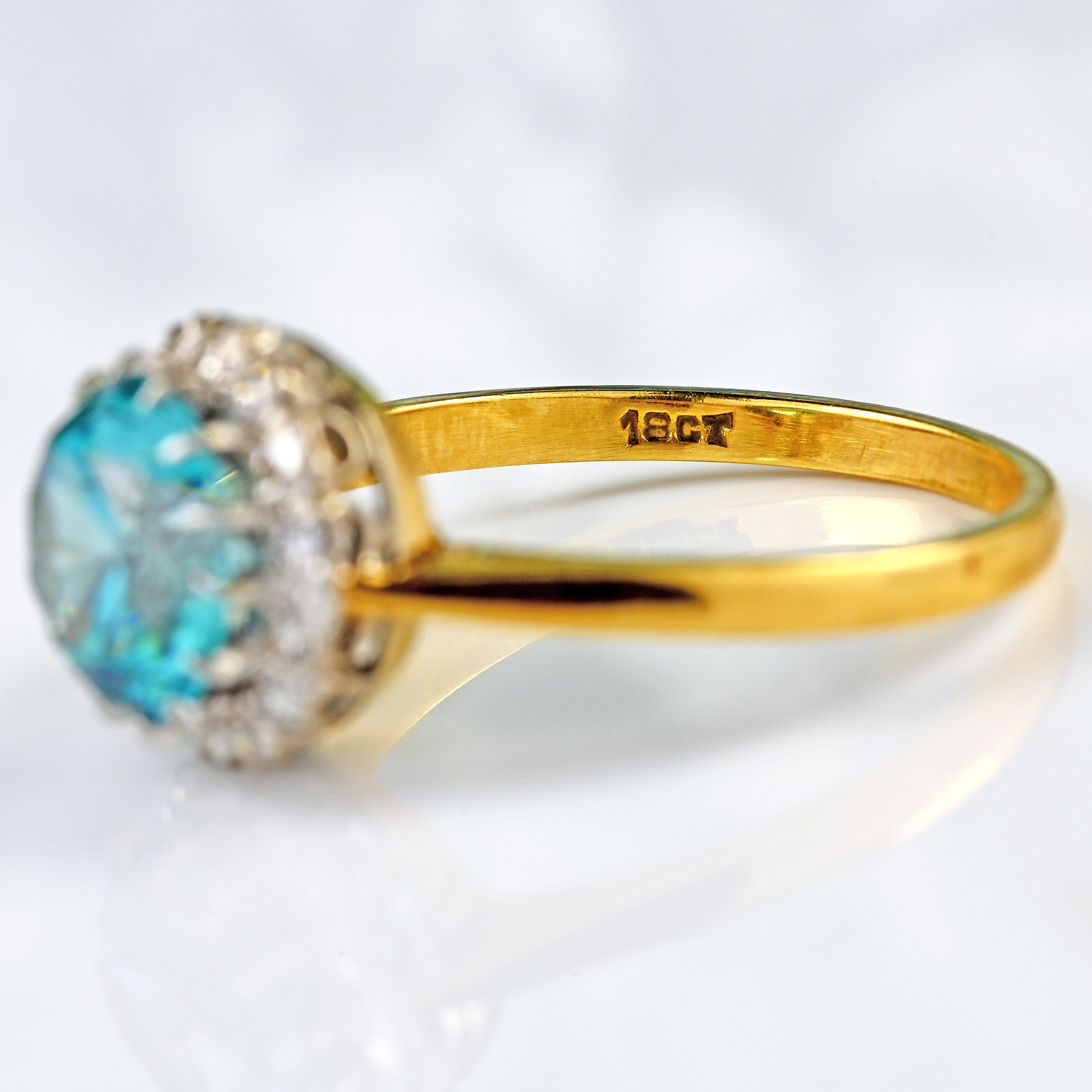 Ellibelle Jewellery Art Deco Blue Zircon & Diamond 18ct Gold Platinum Cluster Engagement Ring