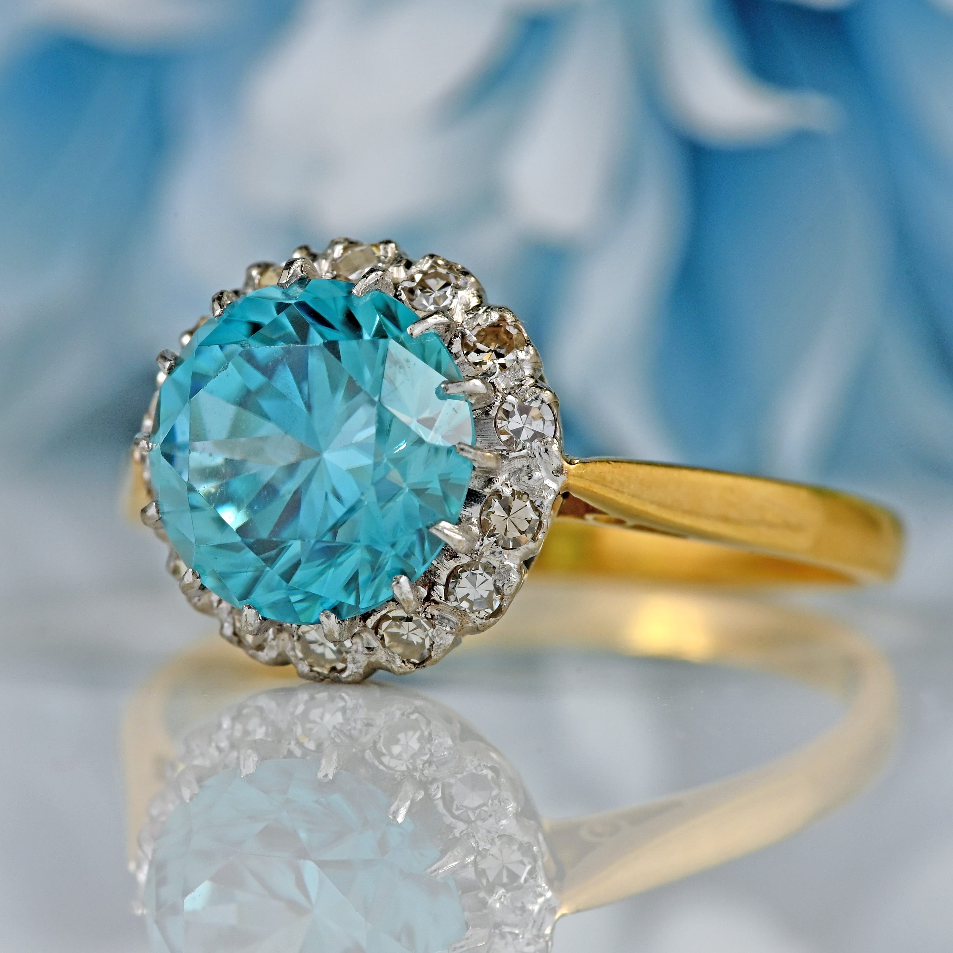 Ellibelle Jewellery Art Deco Blue Zircon & Diamond 18ct Gold Platinum Cluster Engagement Ring
