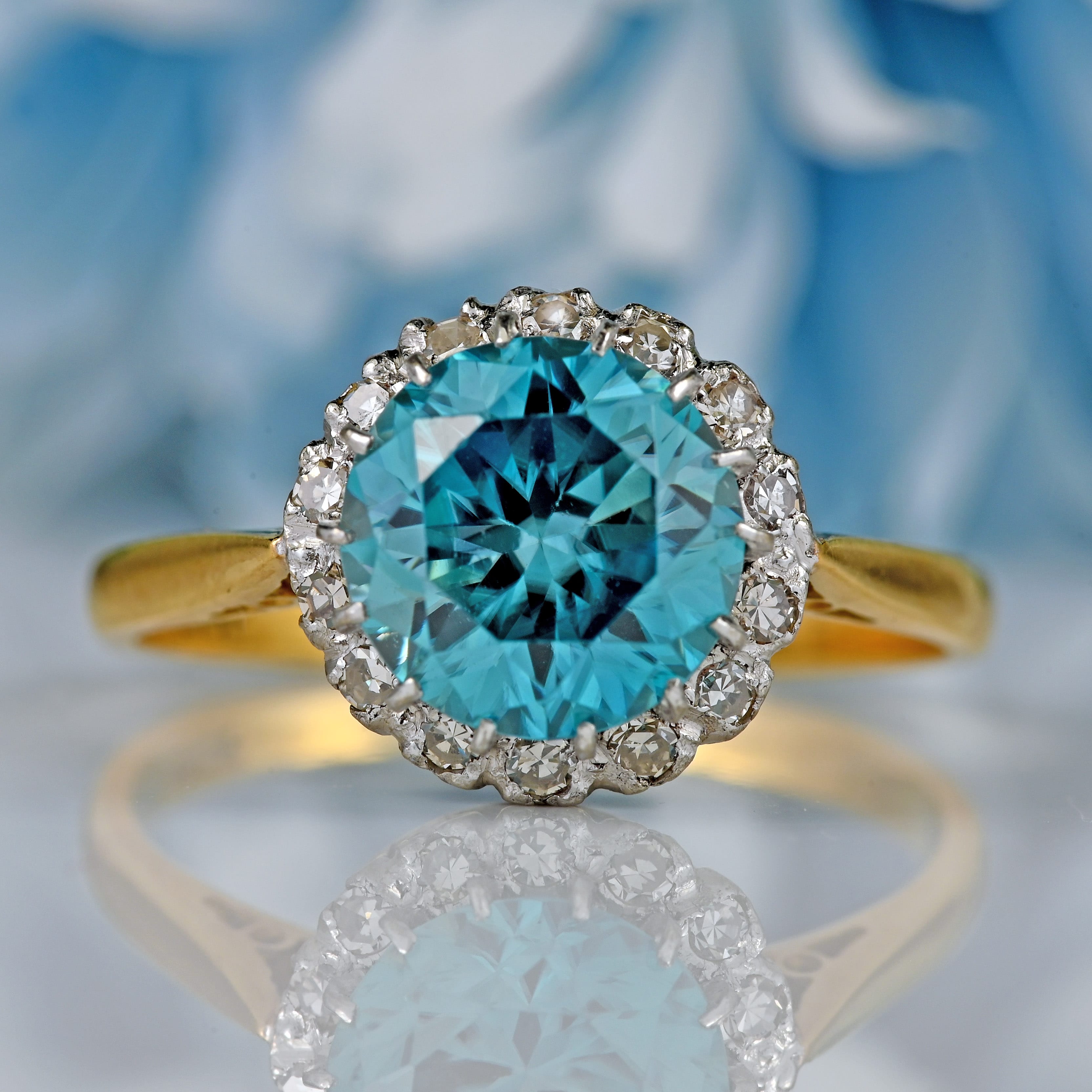 Ellibelle Jewellery Art Deco Blue Zircon & Diamond 18ct Gold Platinum Cluster Engagement Ring