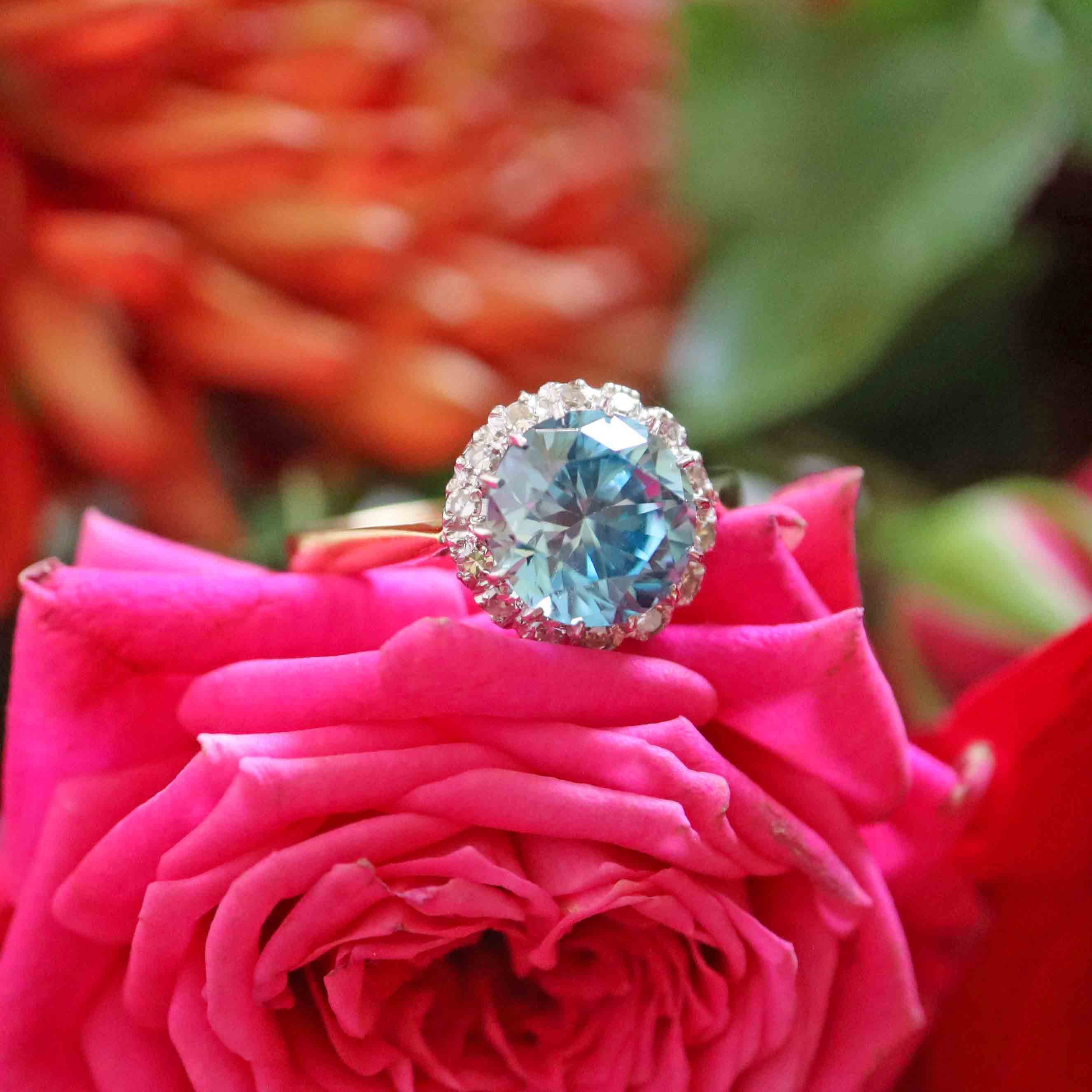 Ellibelle Jewellery Art Deco Blue Zircon & Diamond 18ct Gold Platinum Cluster Engagement Ring