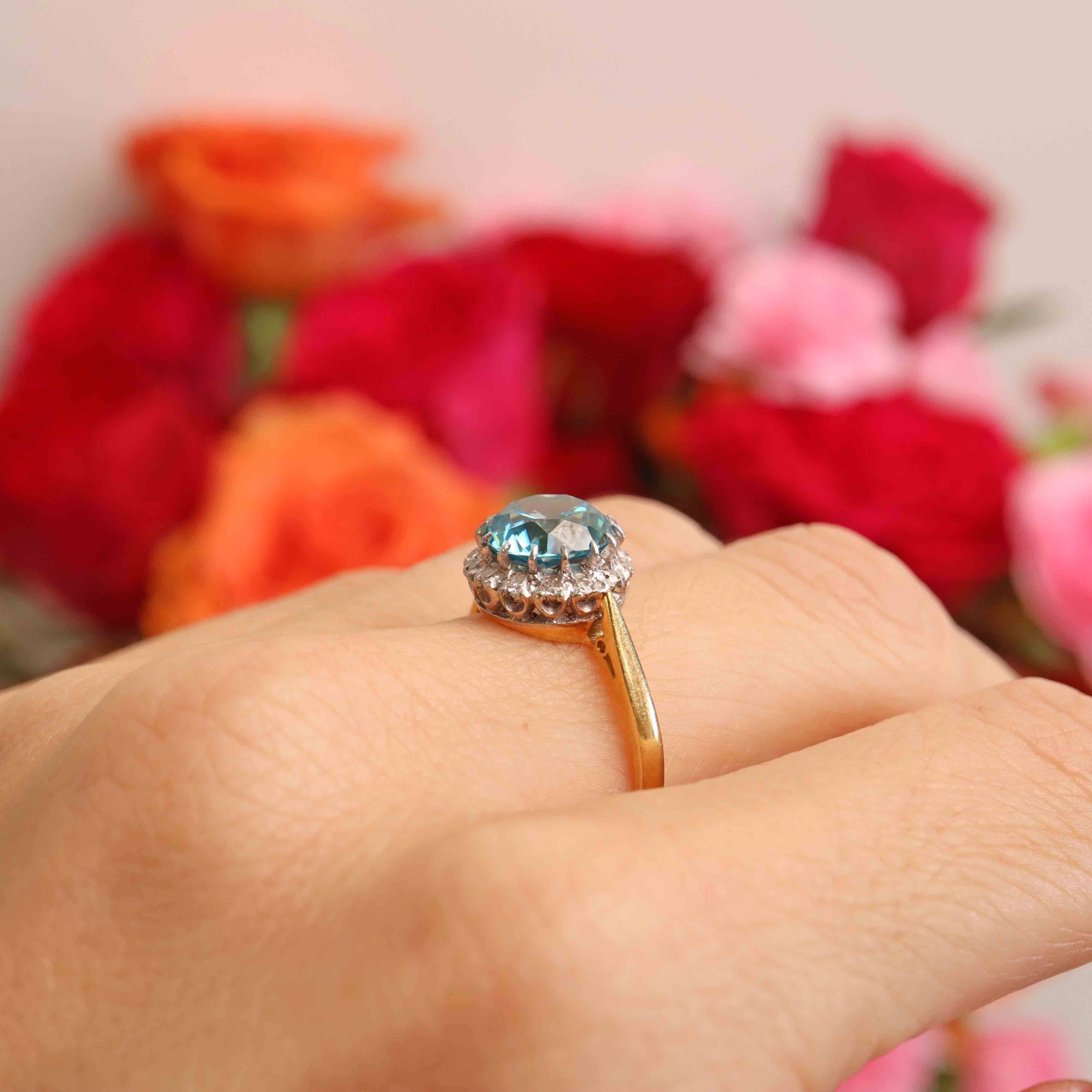Ellibelle Jewellery Art Deco Blue Zircon & Diamond 18ct Gold Platinum Cluster Engagement Ring