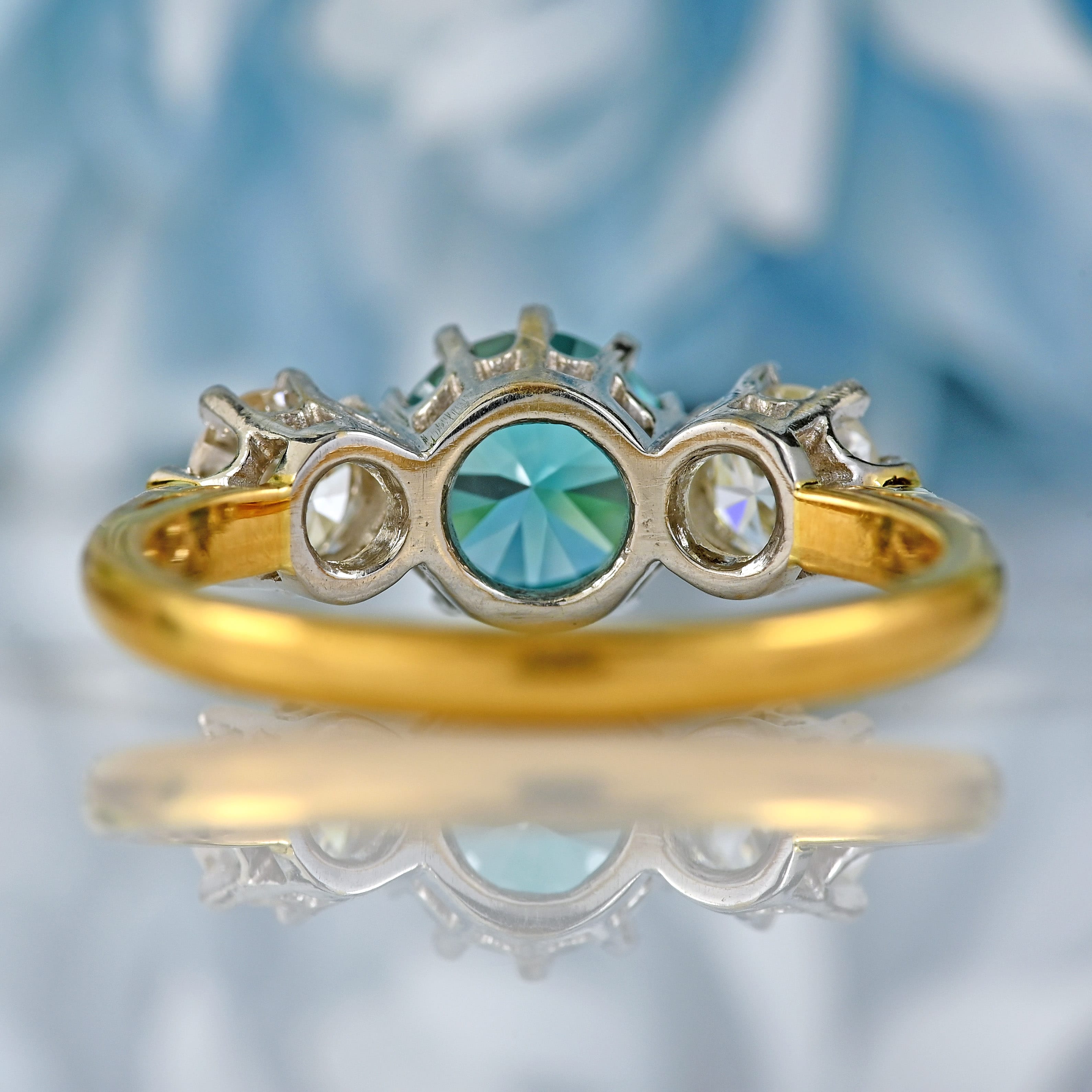 Ellibelle Jewellery Art Deco Blue Zircon & Diamond 18ct Gold Platinum Three-Stone Trilogy Ring