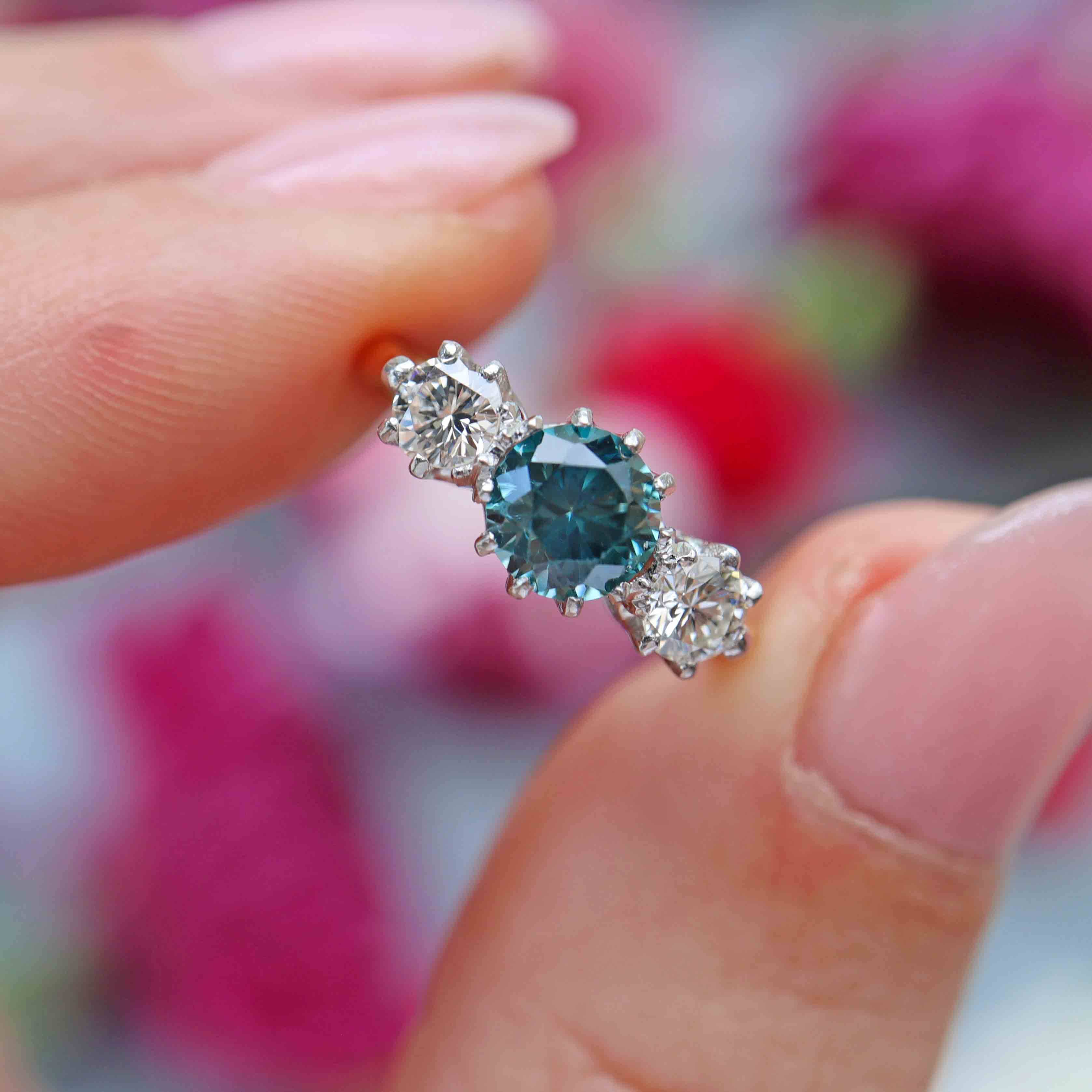 Ellibelle Jewellery Art Deco Blue Zircon & Diamond 18ct Gold Platinum Three-Stone Trilogy Ring