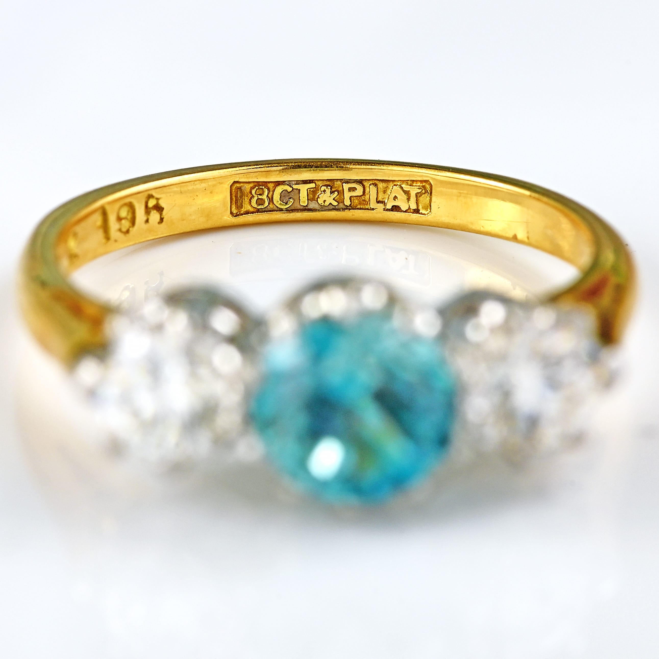 Ellibelle Jewellery Art Deco Blue Zircon & Diamond 18ct Gold Platinum Three-Stone Trilogy Ring