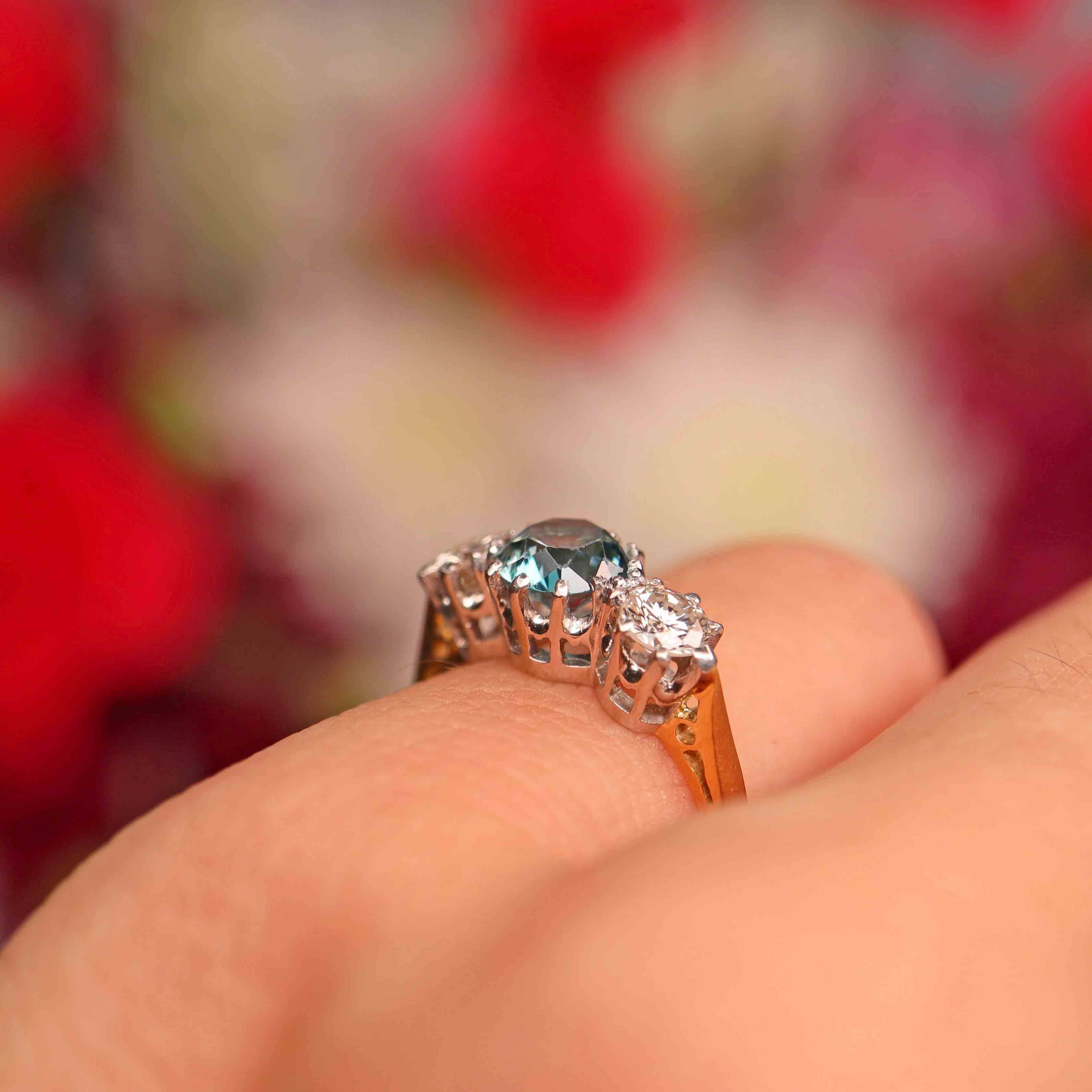 Ellibelle Jewellery Art Deco Blue Zircon & Diamond 18ct Gold Platinum Three-Stone Trilogy Ring