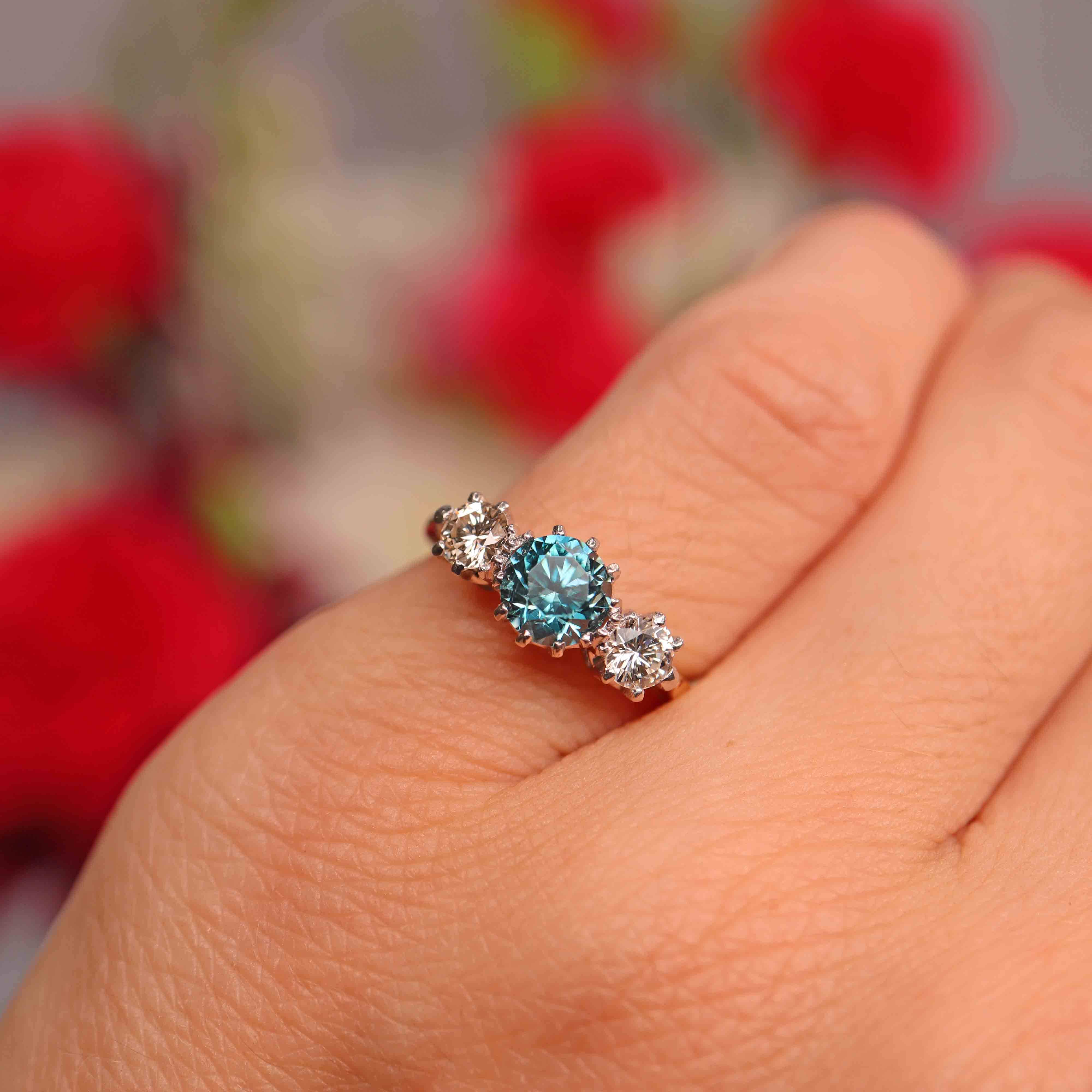 Ellibelle Jewellery Art Deco Blue Zircon & Diamond 18ct Gold Platinum Three-Stone Trilogy Ring