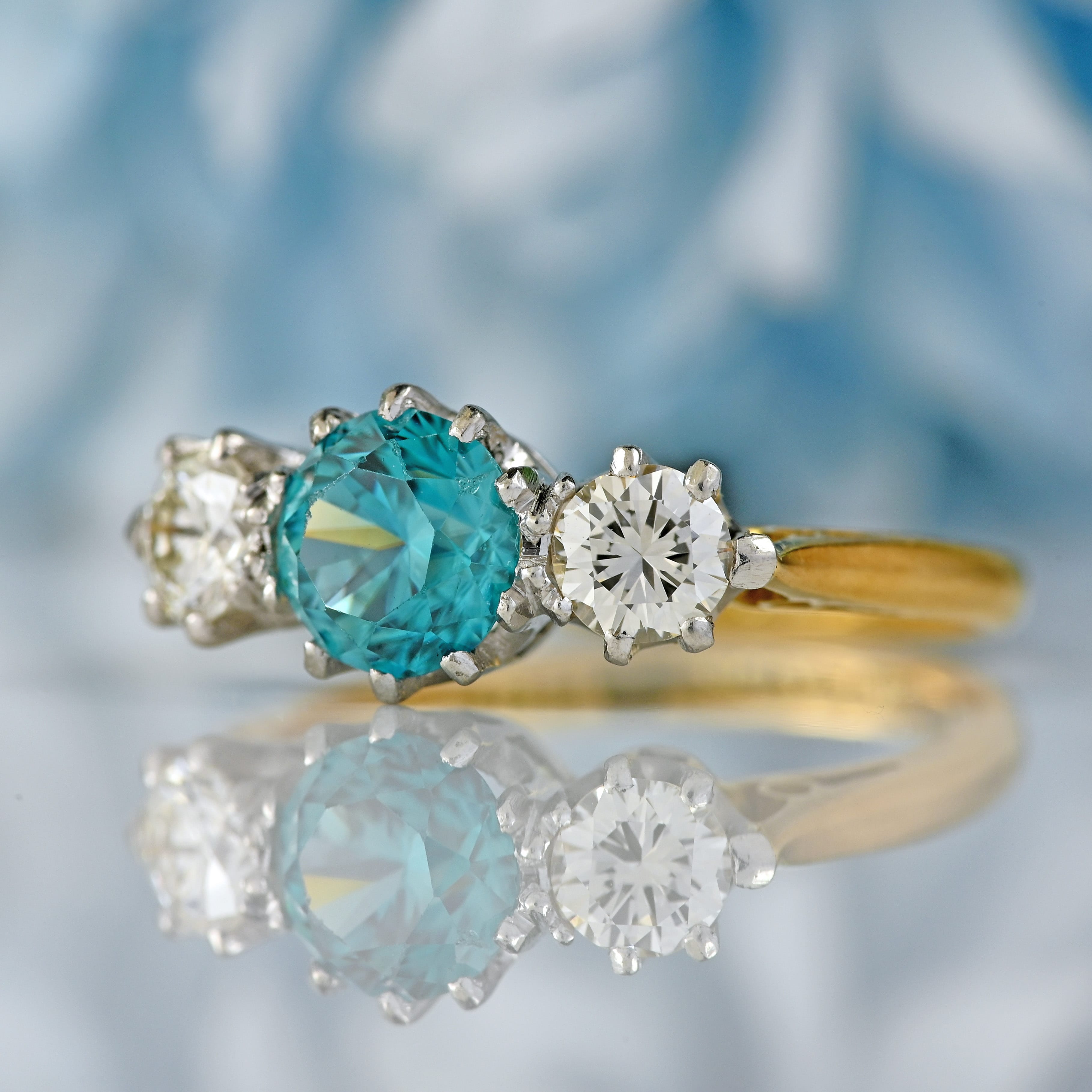 Ellibelle Jewellery Art Deco Blue Zircon & Diamond 18ct Gold Platinum Three-Stone Trilogy Ring
