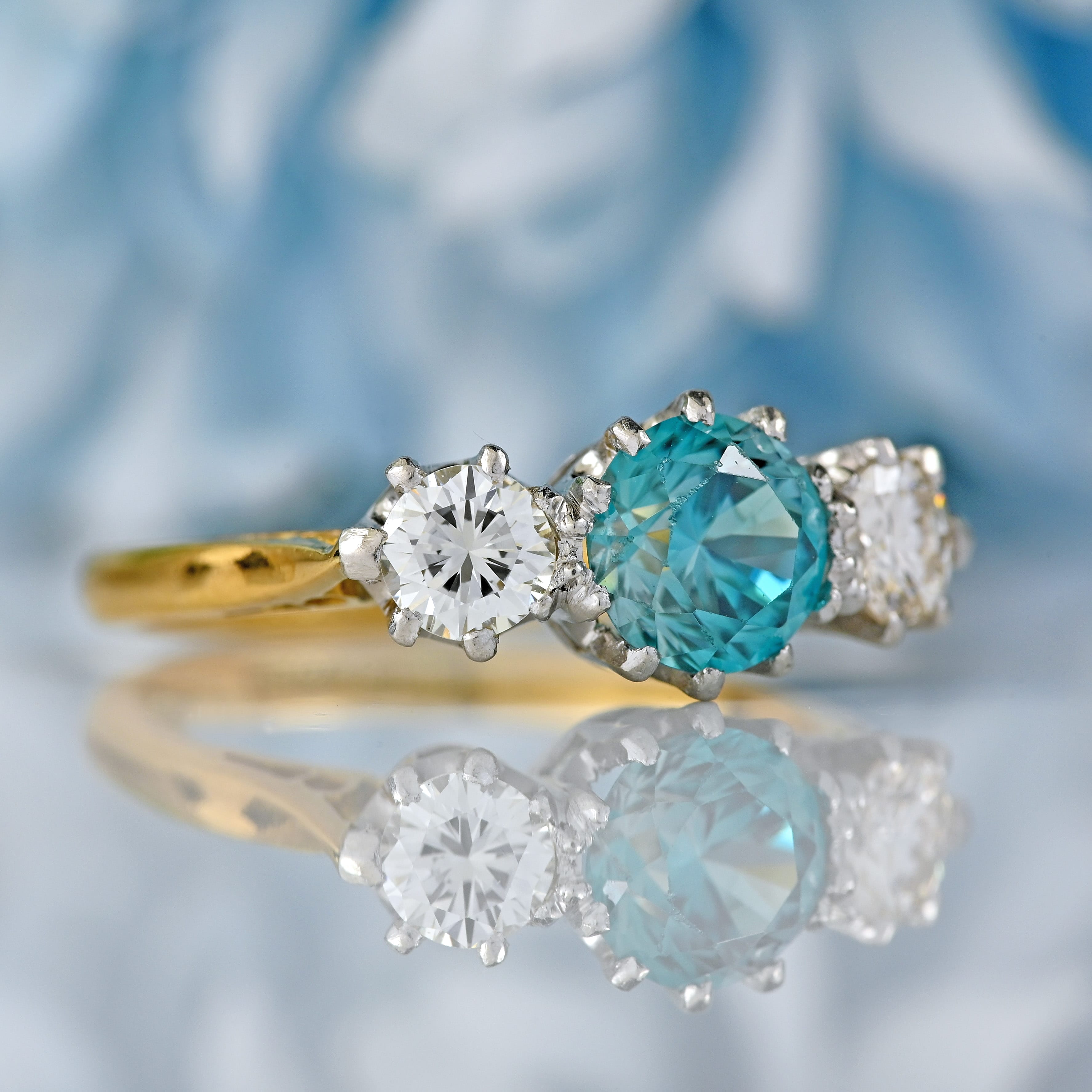 Ellibelle Jewellery Art Deco Blue Zircon & Diamond 18ct Gold Platinum Three-Stone Trilogy Ring