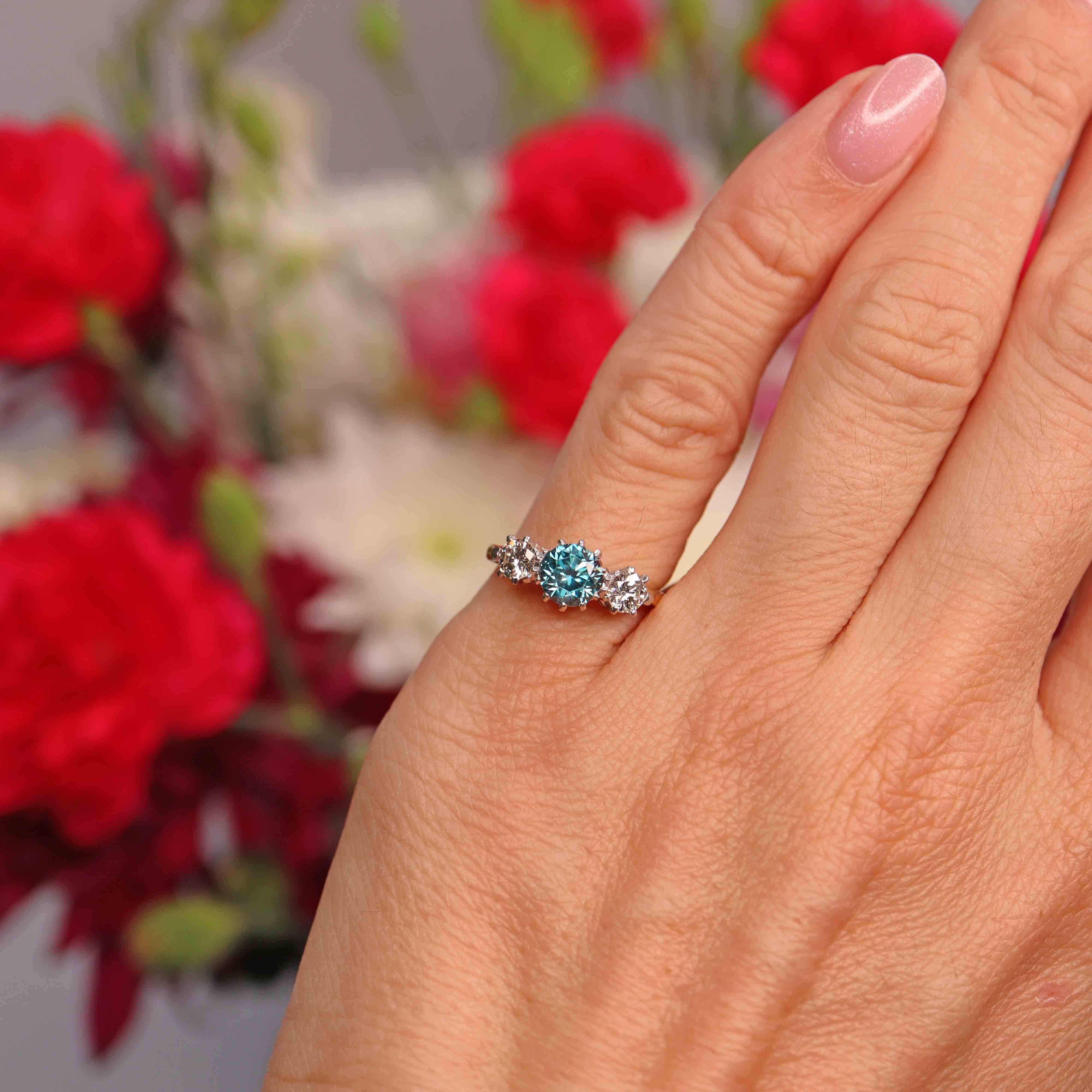 Ellibelle Jewellery Art Deco Blue Zircon & Diamond 18ct Gold Platinum Three-Stone Trilogy Ring