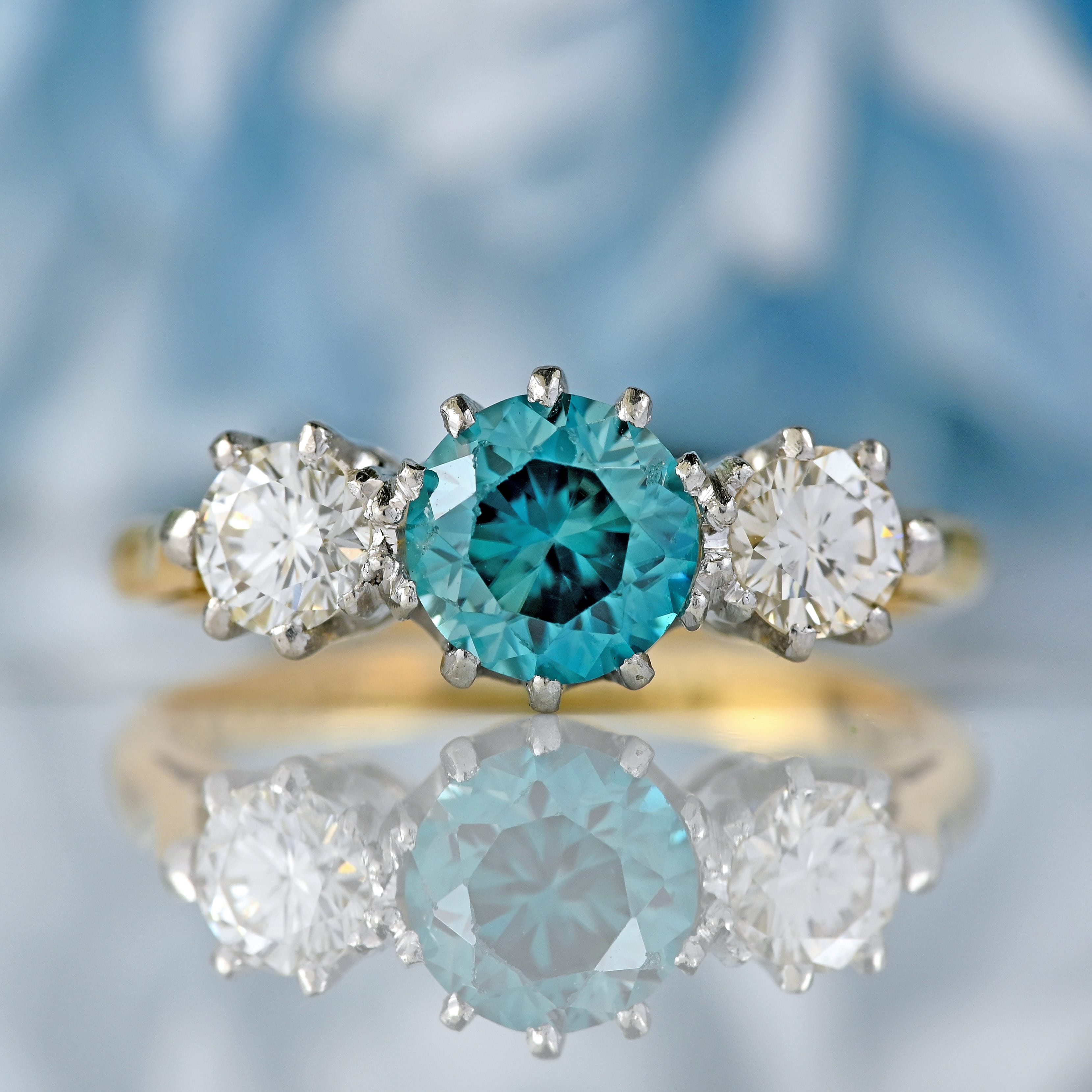 Ellibelle Jewellery Art Deco Blue Zircon & Diamond 18ct Gold Platinum Three-Stone Trilogy Ring