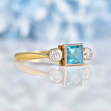 Ellibelle Jewellery Art Deco Blue Zircon & Diamond 18ct Gold Trilogy Ring