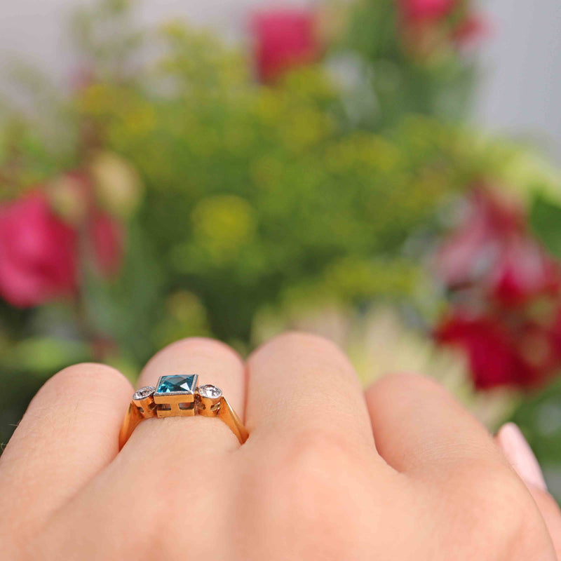 Ellibelle Jewellery Art Deco Blue Zircon & Diamond 18ct Gold Trilogy Ring