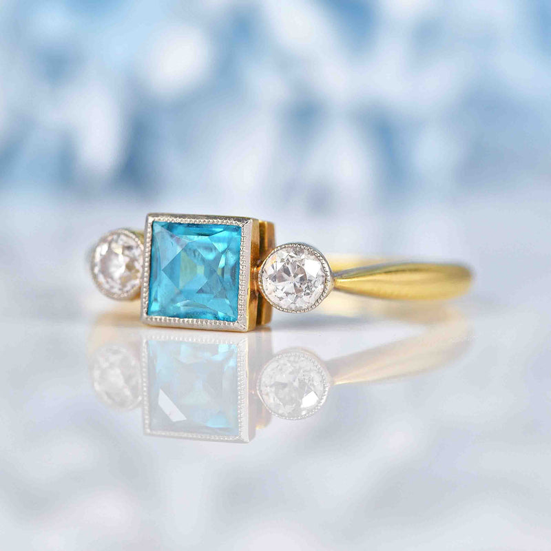 Ellibelle Jewellery Art Deco Blue Zircon & Diamond 18ct Gold Trilogy Ring