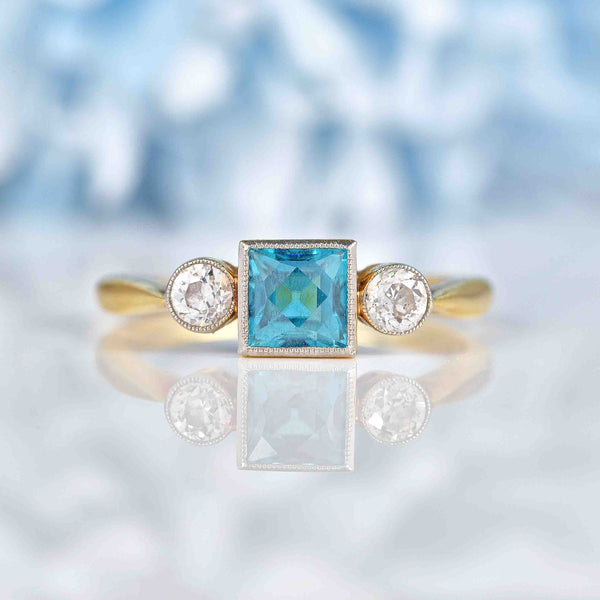 Ellibelle Jewellery Art Deco Blue Zircon & Diamond 18ct Gold Trilogy Ring