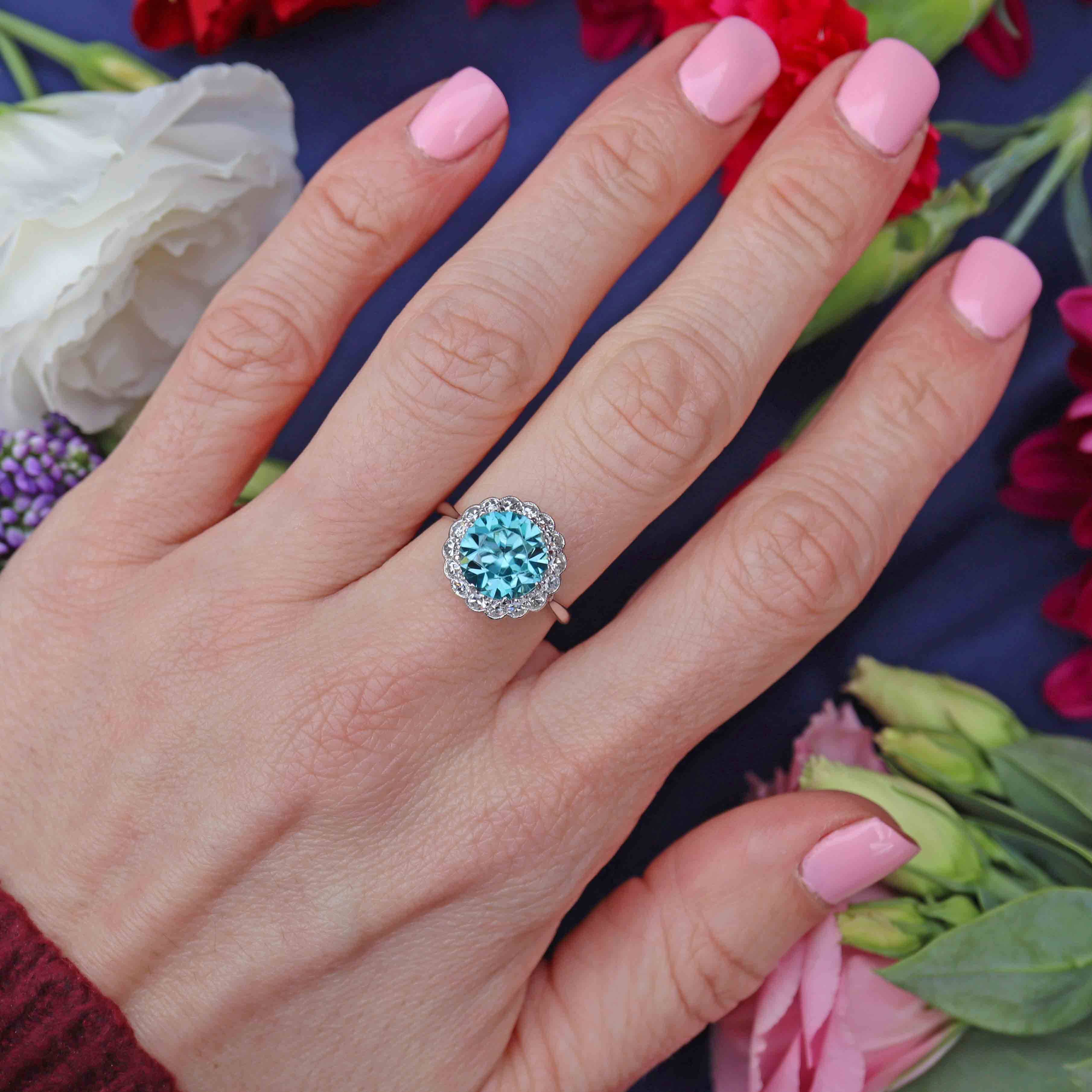 Ellibelle Jewellery Art Deco Blue Zircon & Diamond 18ct White Gold Cluster Engagement Ring (5.05cts)