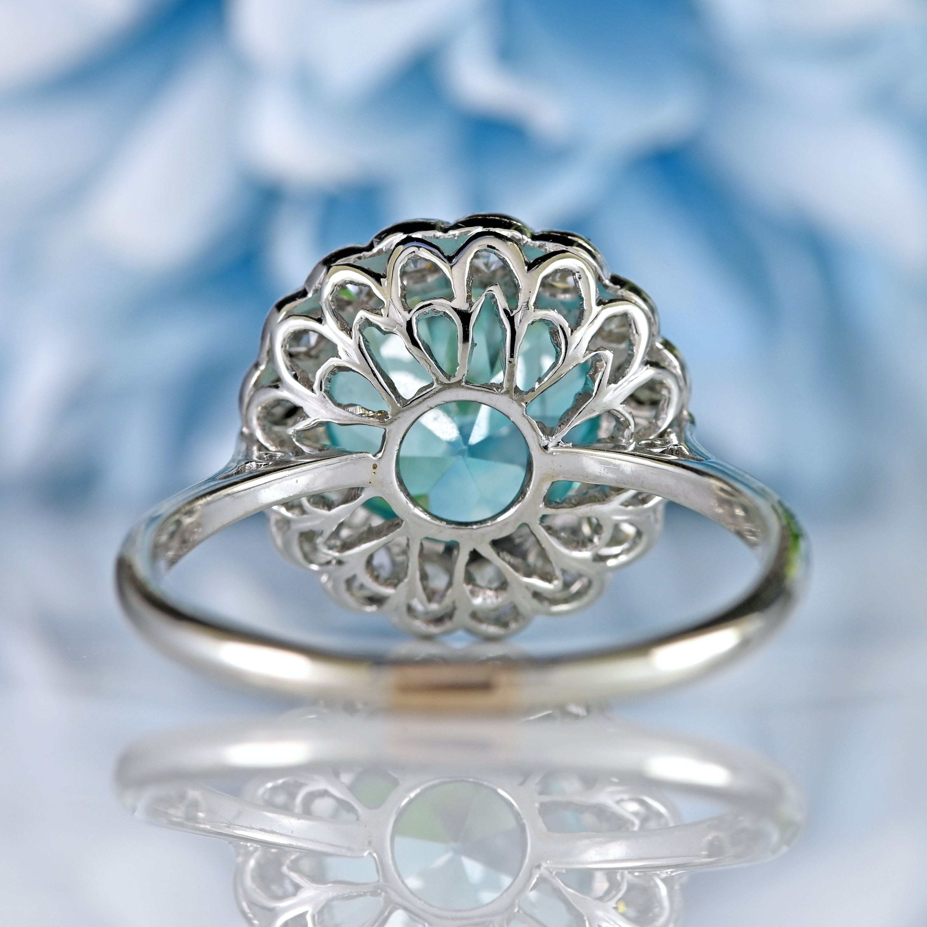 Ellibelle Jewellery Art Deco Blue Zircon & Diamond 18ct White Gold Cluster Engagement Ring (5.05cts)