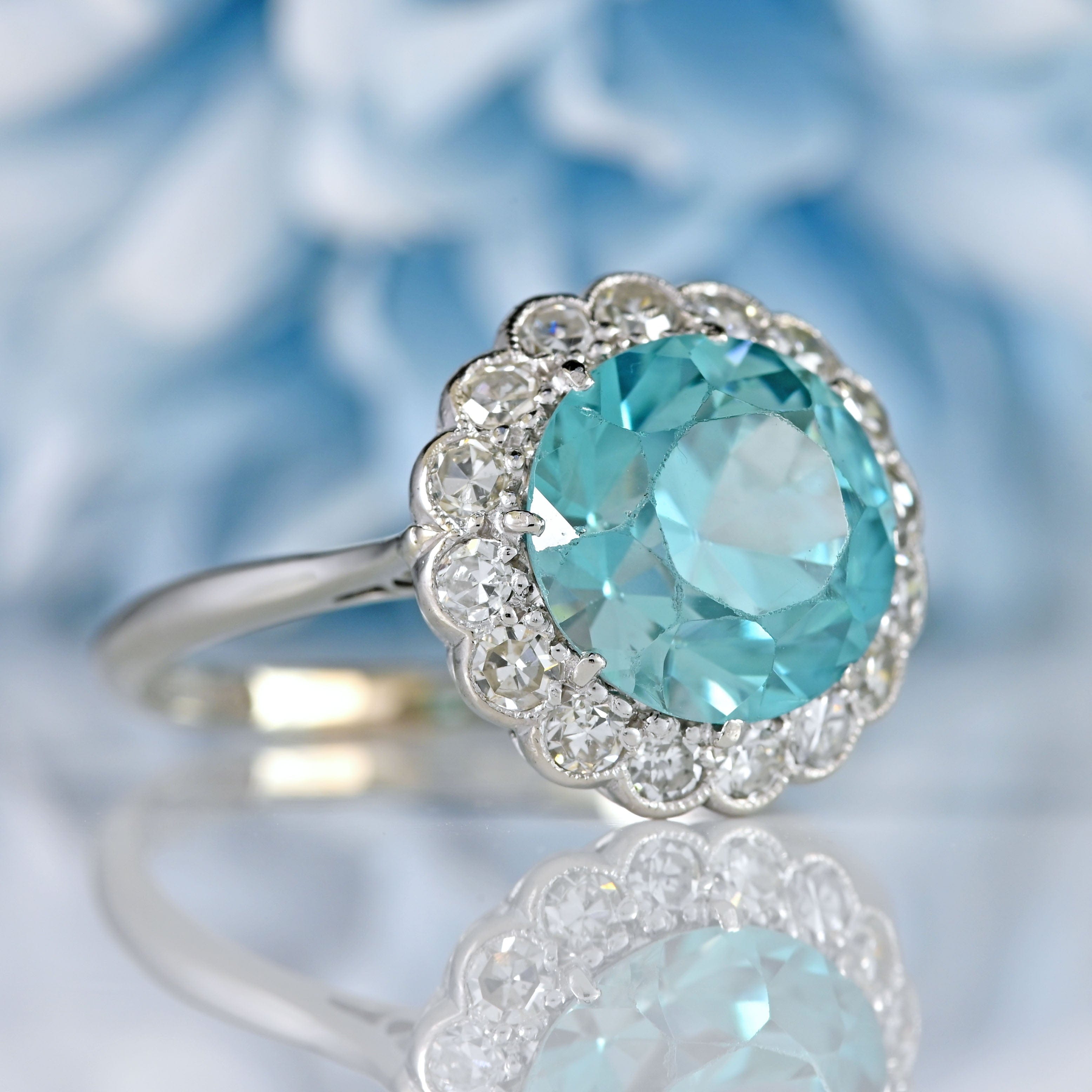 Ellibelle Jewellery Art Deco Blue Zircon & Diamond 18ct White Gold Cluster Engagement Ring (5.05cts)