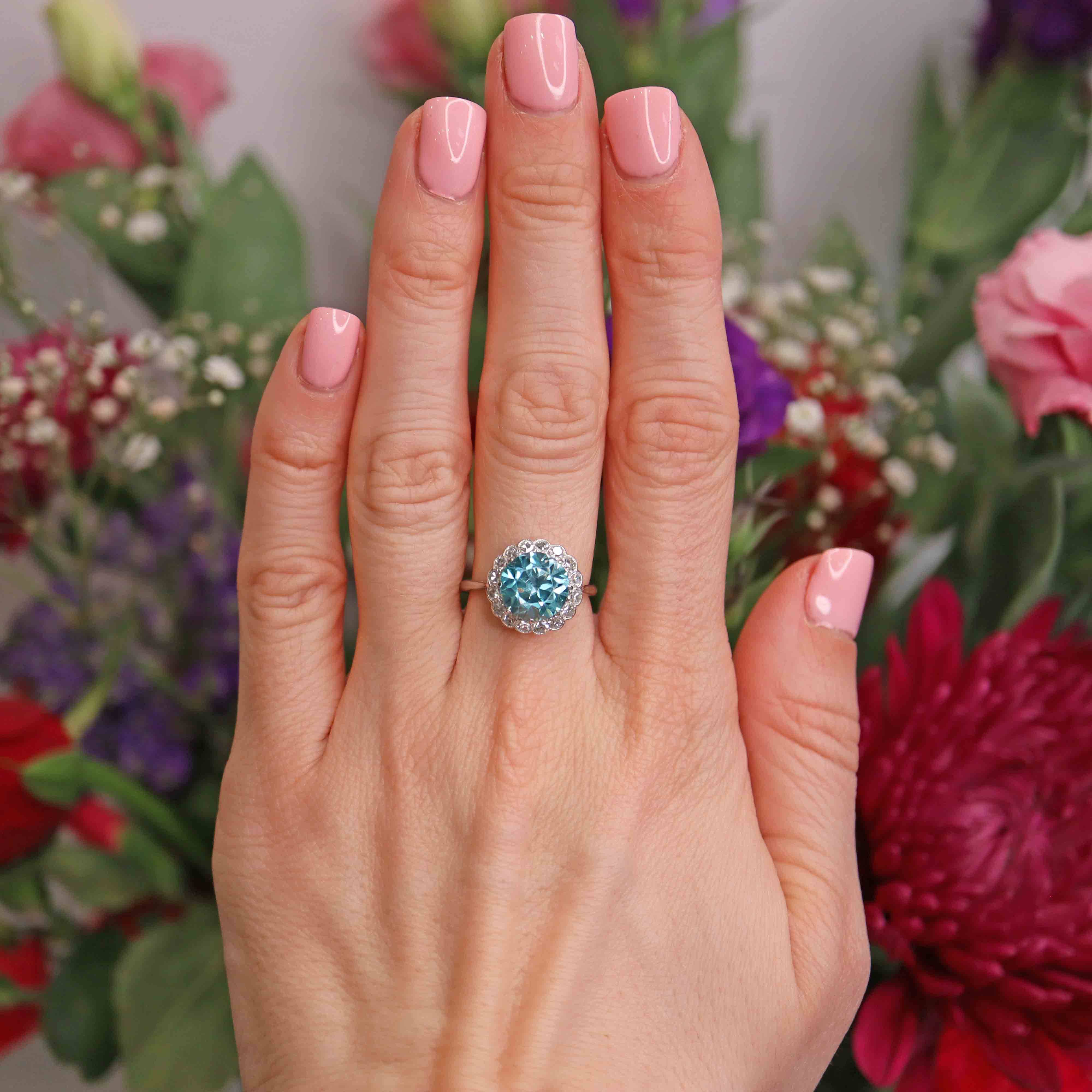 Ellibelle Jewellery Art Deco Blue Zircon & Diamond 18ct White Gold Cluster Engagement Ring (5.05cts)