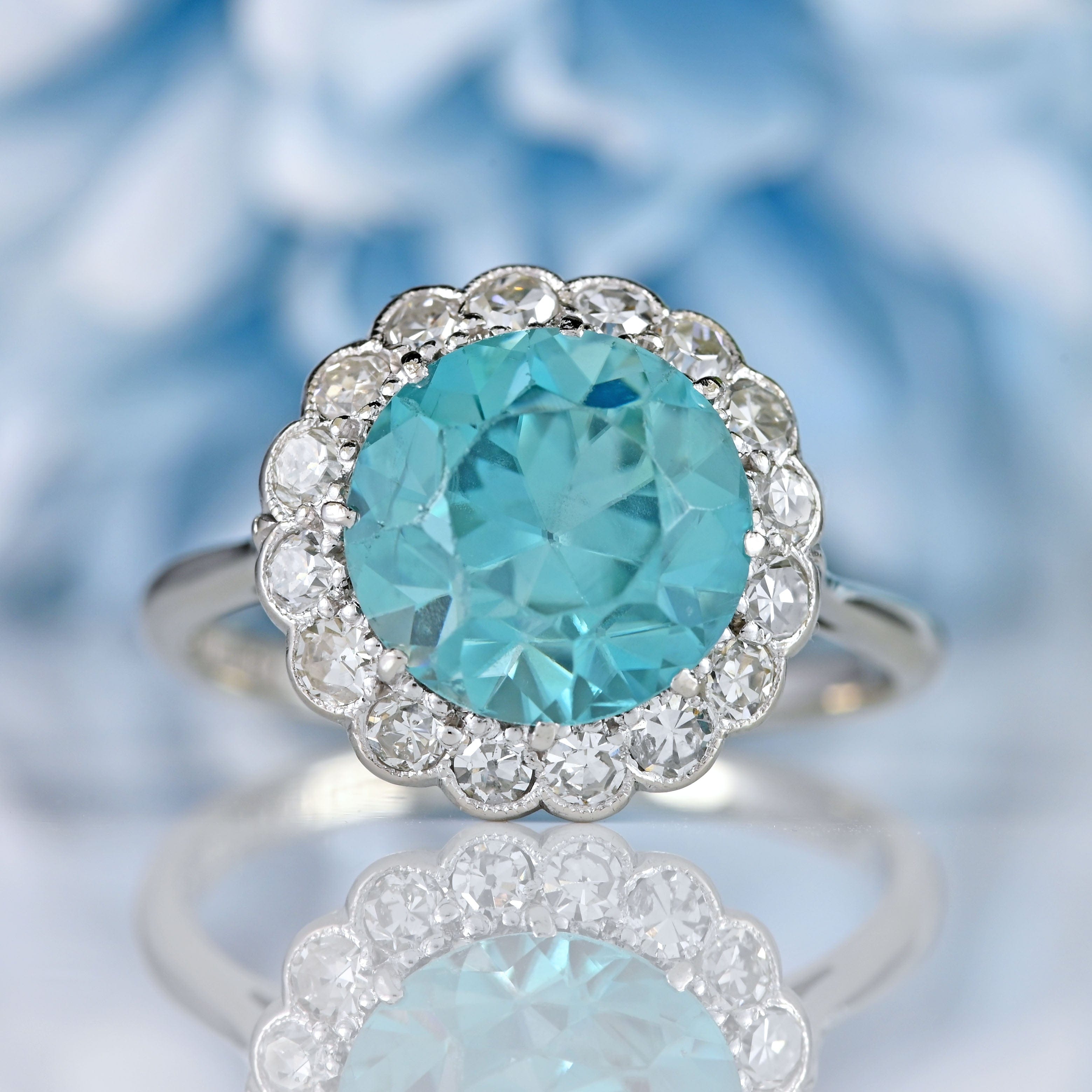 Ellibelle Jewellery Art Deco Blue Zircon & Diamond 18ct White Gold Cluster Engagement Ring (5.05cts)
