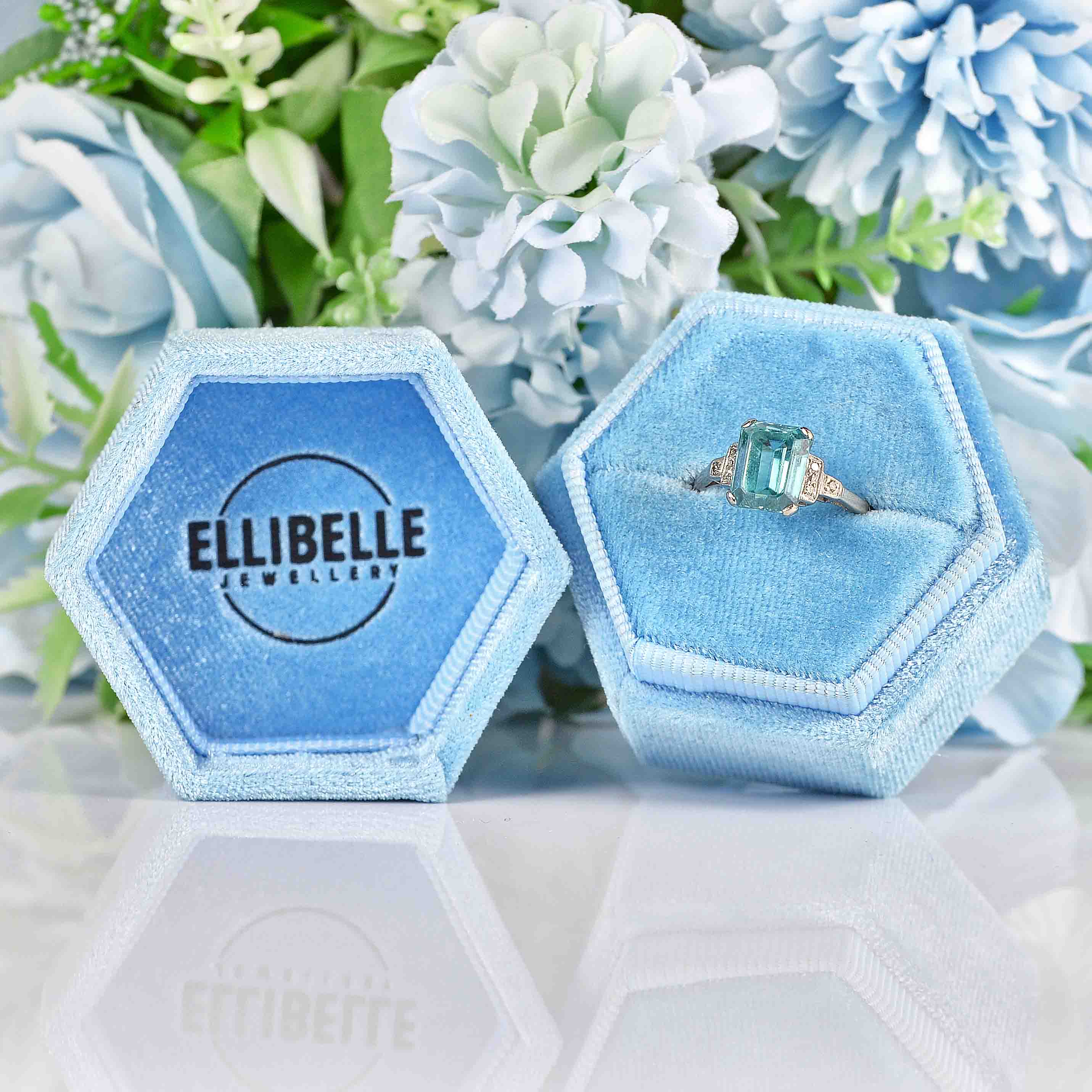 Ellibelle Jewellery Art Deco Blue Zircon & Diamond 18ct White Gold Ring