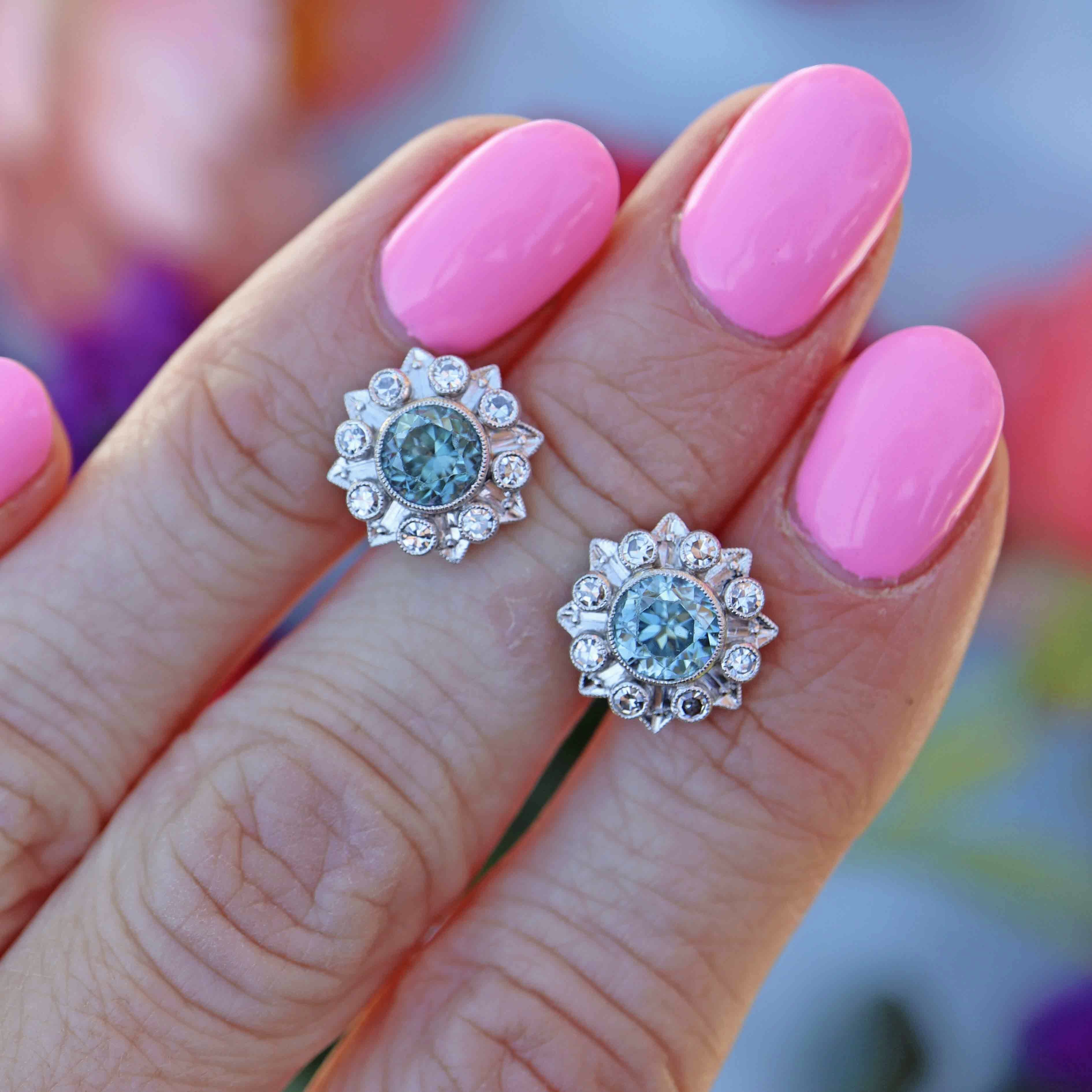 Ellibelle Jewellery Art Deco Blue Zircon & Diamond 9ct White Gold Platinum Cluster Stud Earrings