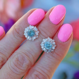 Ellibelle Jewellery Art Deco Blue Zircon & Diamond 9ct White Gold Platinum Cluster Stud Earrings