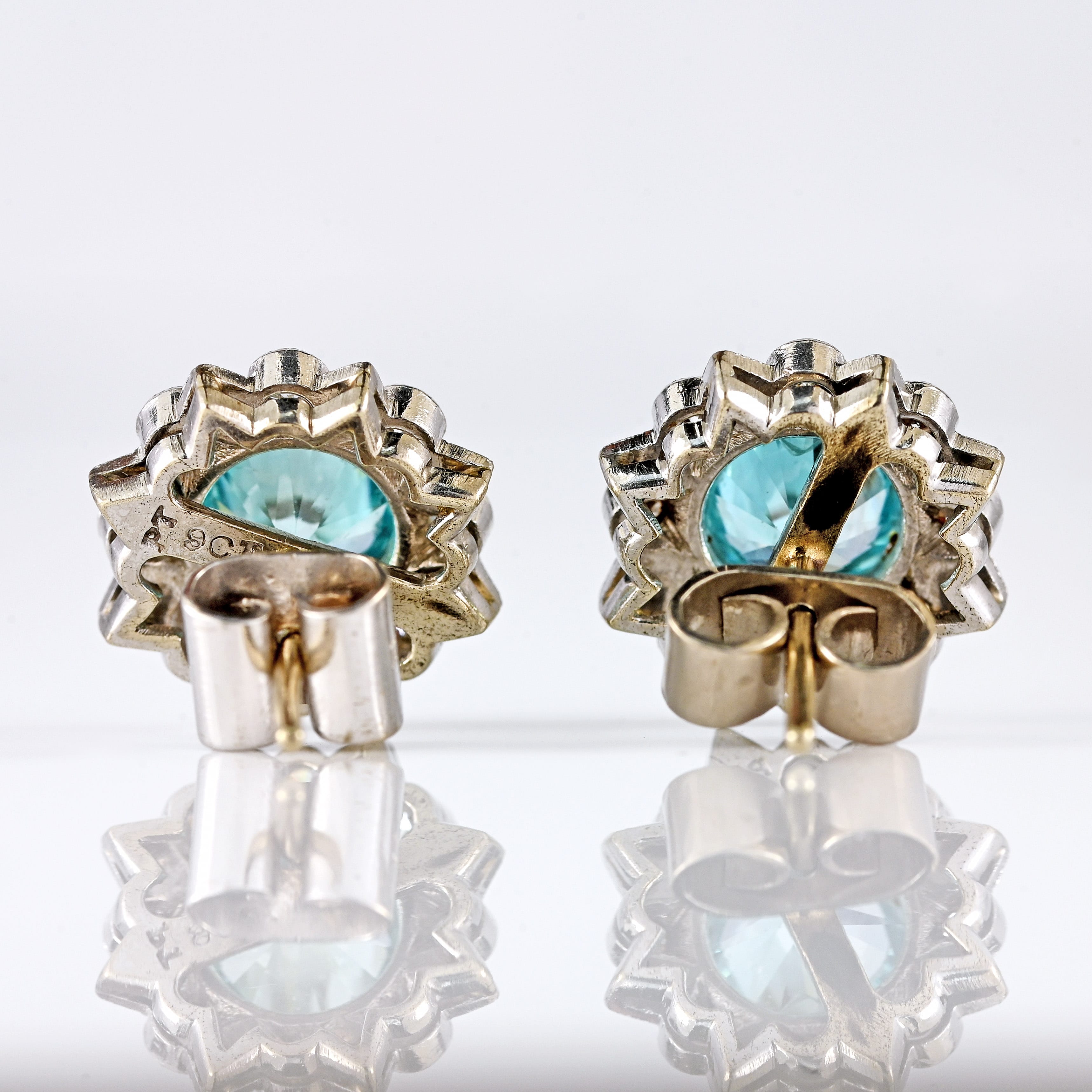 Ellibelle Jewellery Art Deco Blue Zircon & Diamond 9ct White Gold Platinum Cluster Stud Earrings