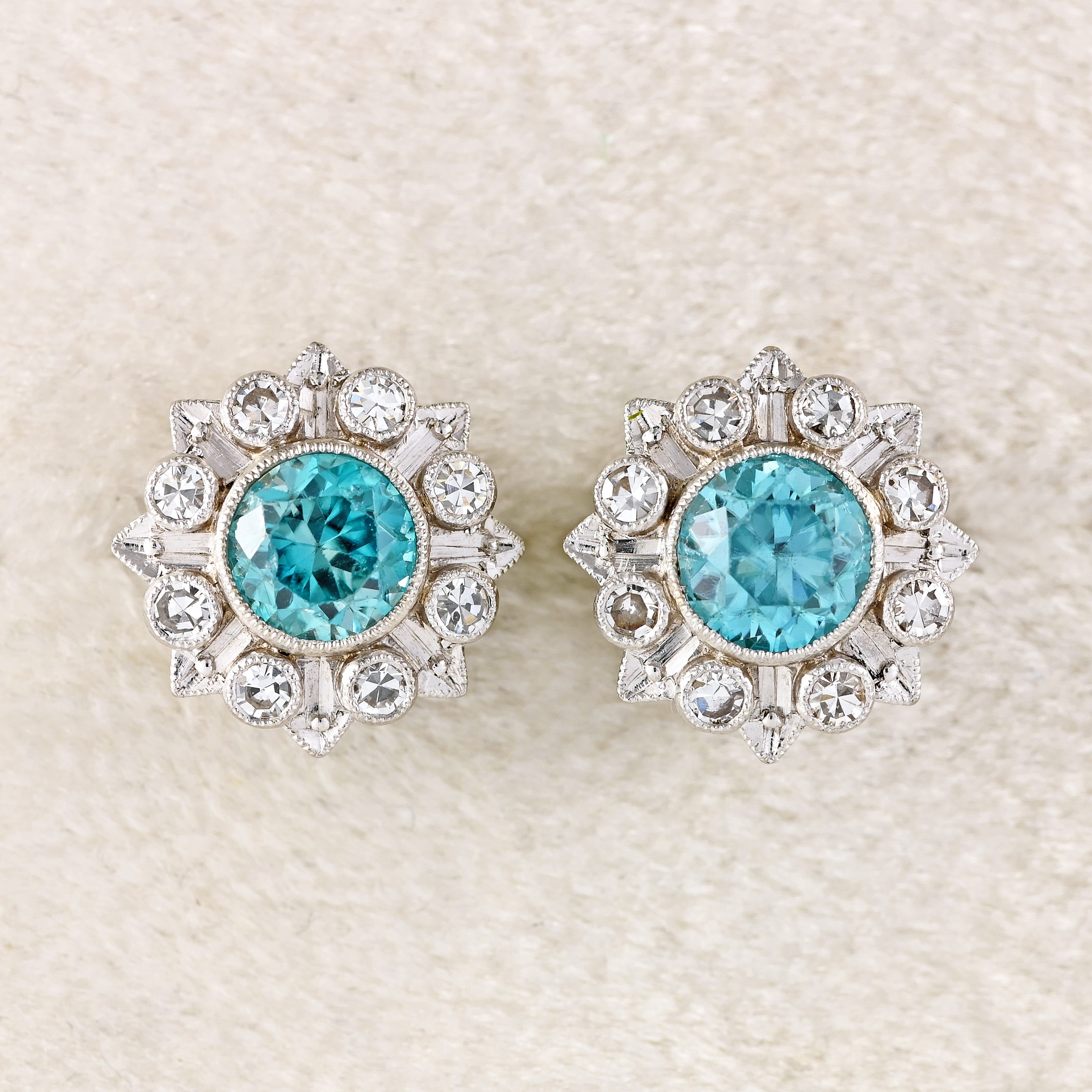 Ellibelle Jewellery Art Deco Blue Zircon & Diamond 9ct White Gold Platinum Cluster Stud Earrings