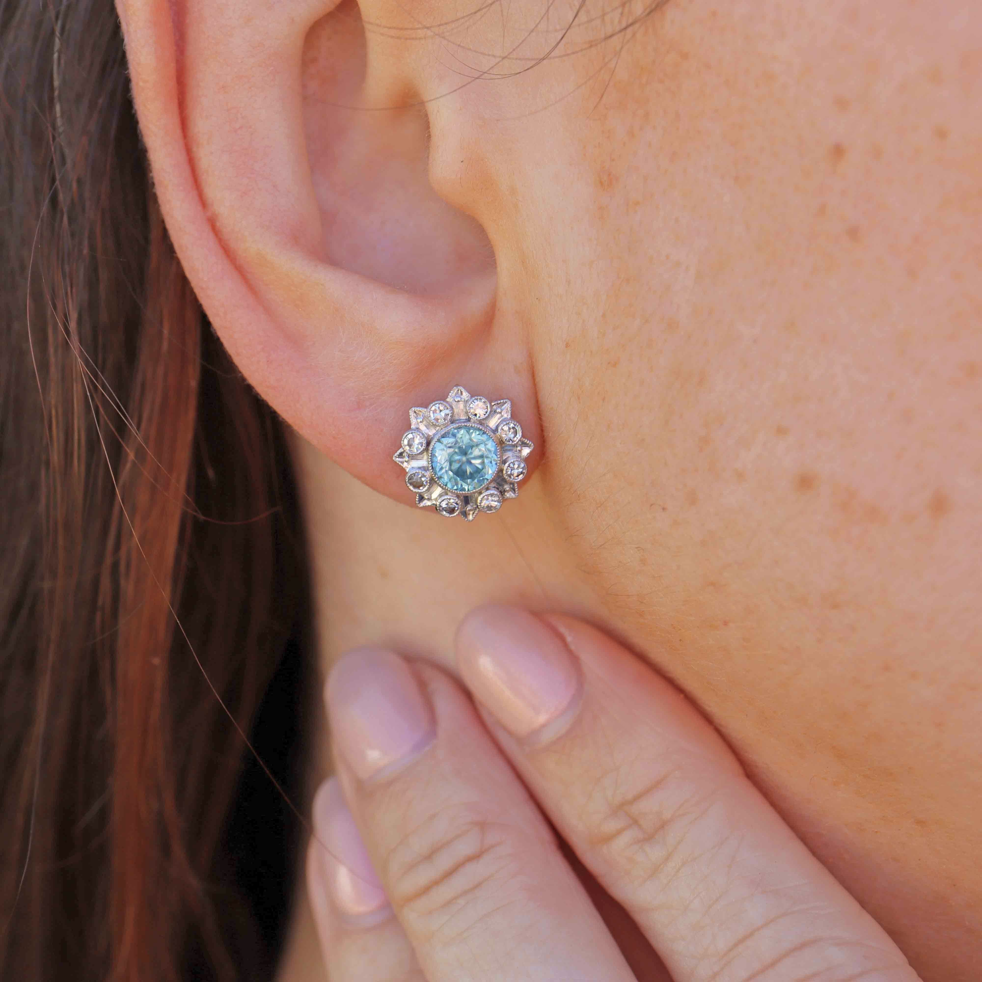 Ellibelle Jewellery Art Deco Blue Zircon & Diamond 9ct White Gold Platinum Cluster Stud Earrings