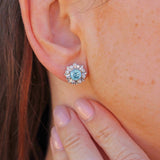Ellibelle Jewellery Art Deco Blue Zircon & Diamond 9ct White Gold Platinum Cluster Stud Earrings