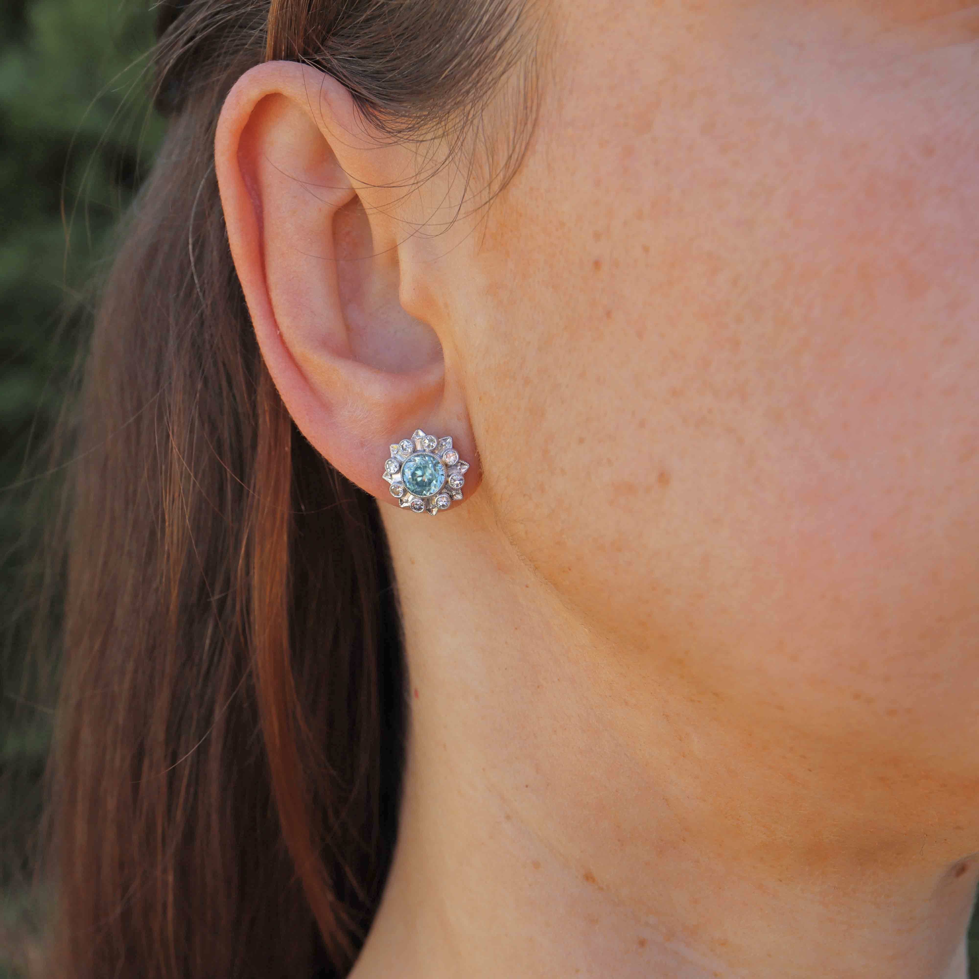Ellibelle Jewellery Art Deco Blue Zircon & Diamond 9ct White Gold Platinum Cluster Stud Earrings