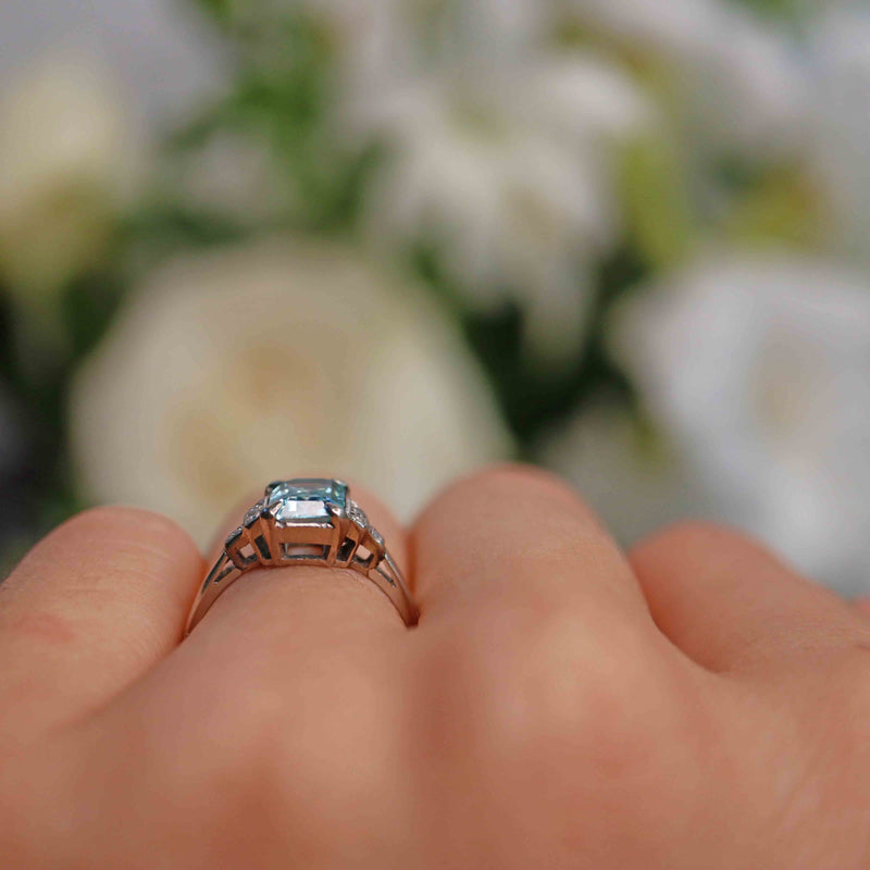 Ellibelle Jewellery Art Deco Blue Zircon & Diamond Platinum Ring