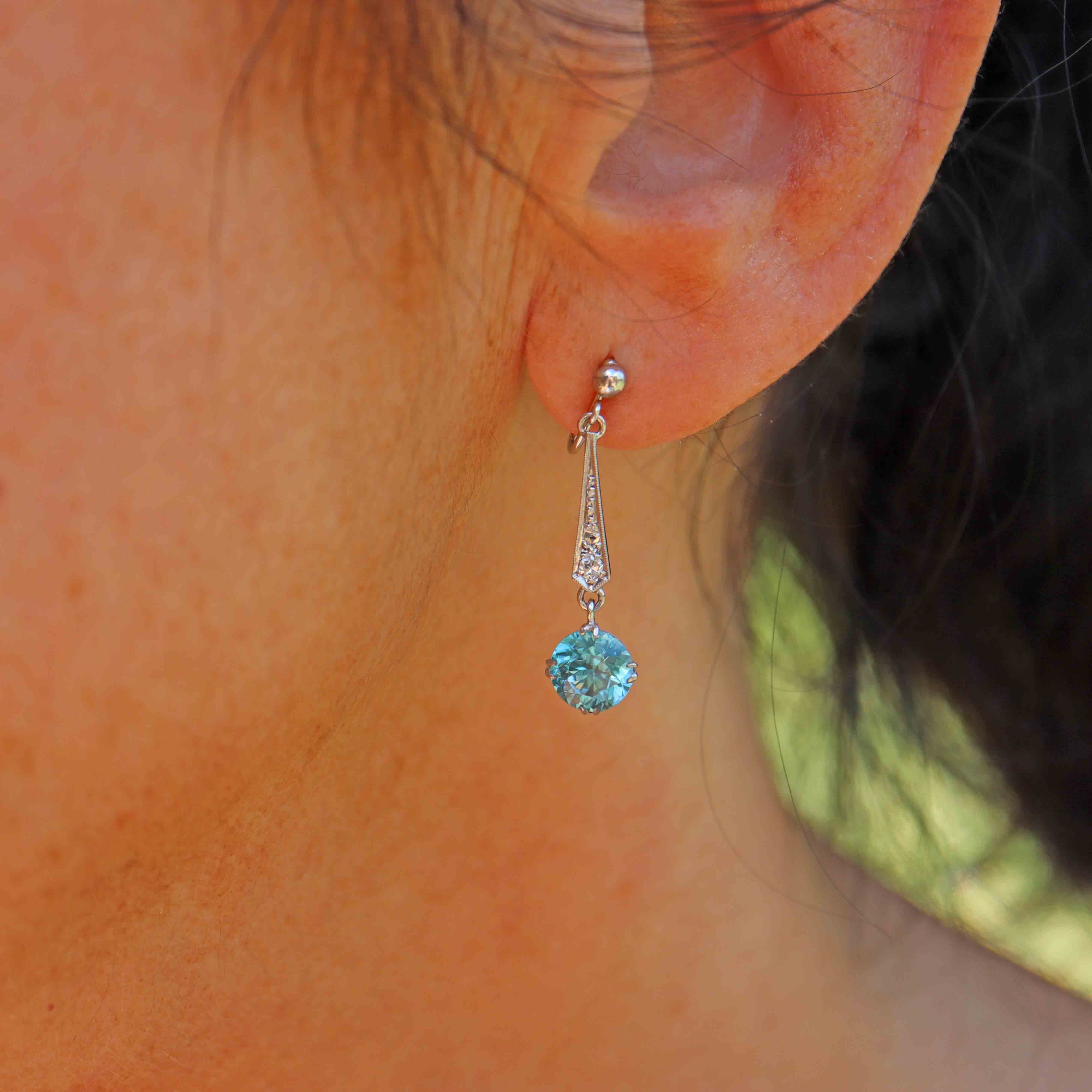 Ellibelle Jewellery Art Deco Blue Zircon & Diamond White Gold Drop Earrings