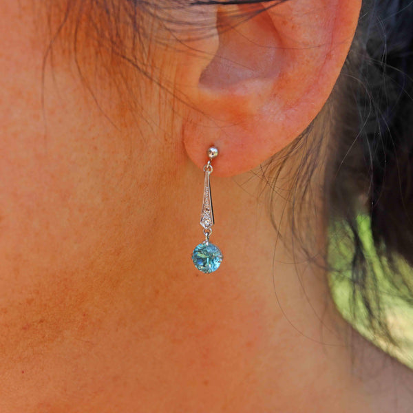 Ellibelle Jewellery Art Deco Blue Zircon & Diamond White Gold Drop Earrings