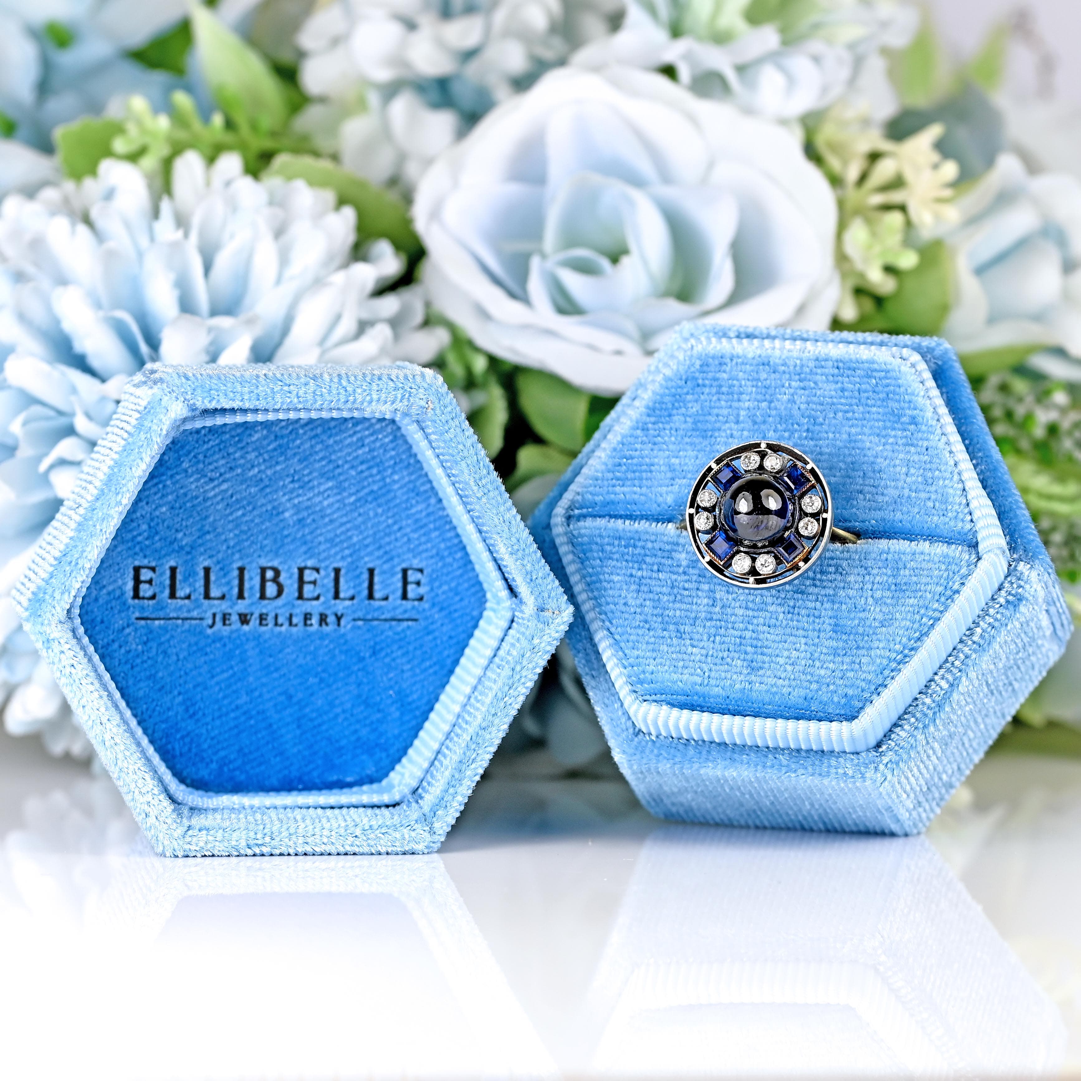 Ellibelle Jewellery Art Deco Cabochon Sapphire & Diamond 18ct Gold Platinum Target Ring