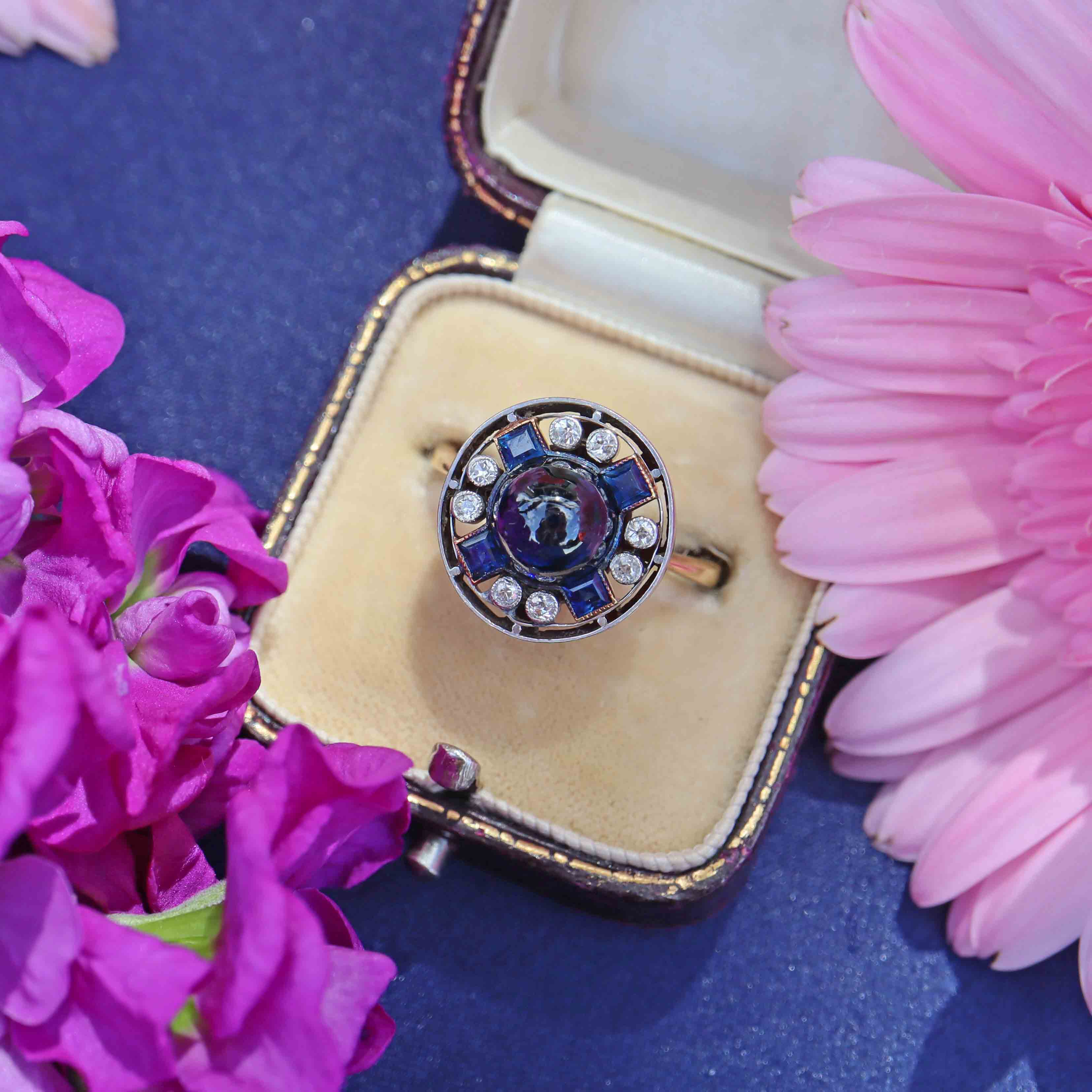 Ellibelle Jewellery Art Deco Cabochon Sapphire & Diamond 18ct Gold Platinum Target Ring