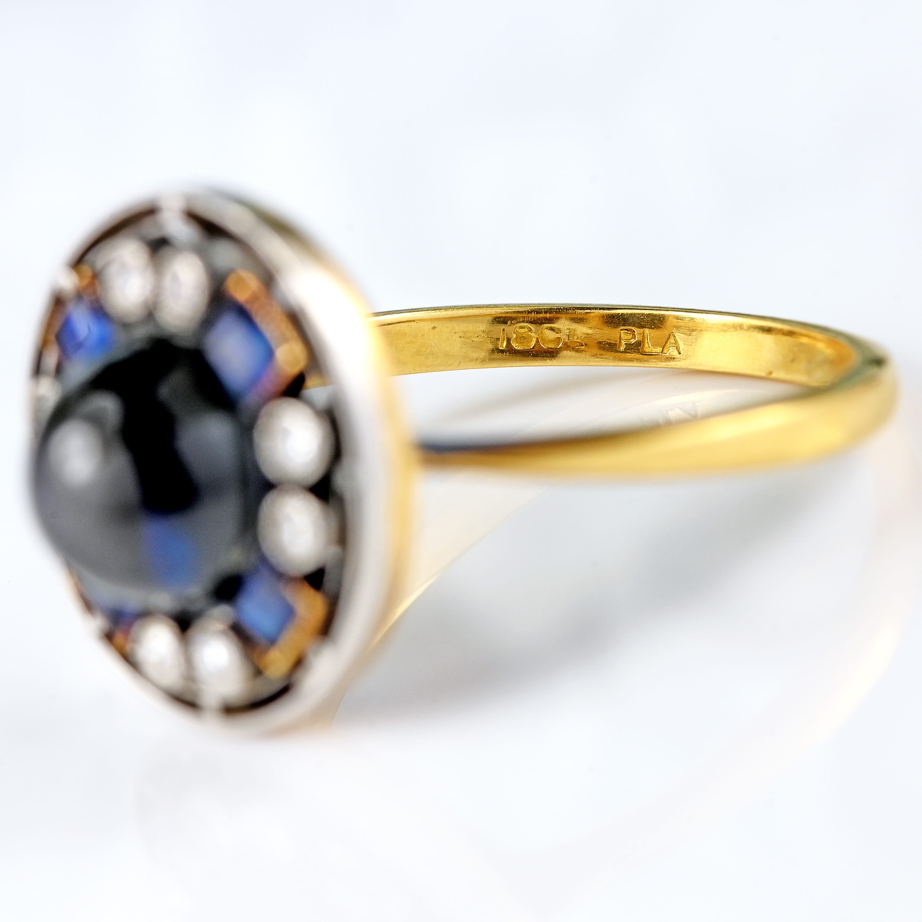 Ellibelle Jewellery Art Deco Cabochon Sapphire & Diamond 18ct Gold Platinum Target Ring