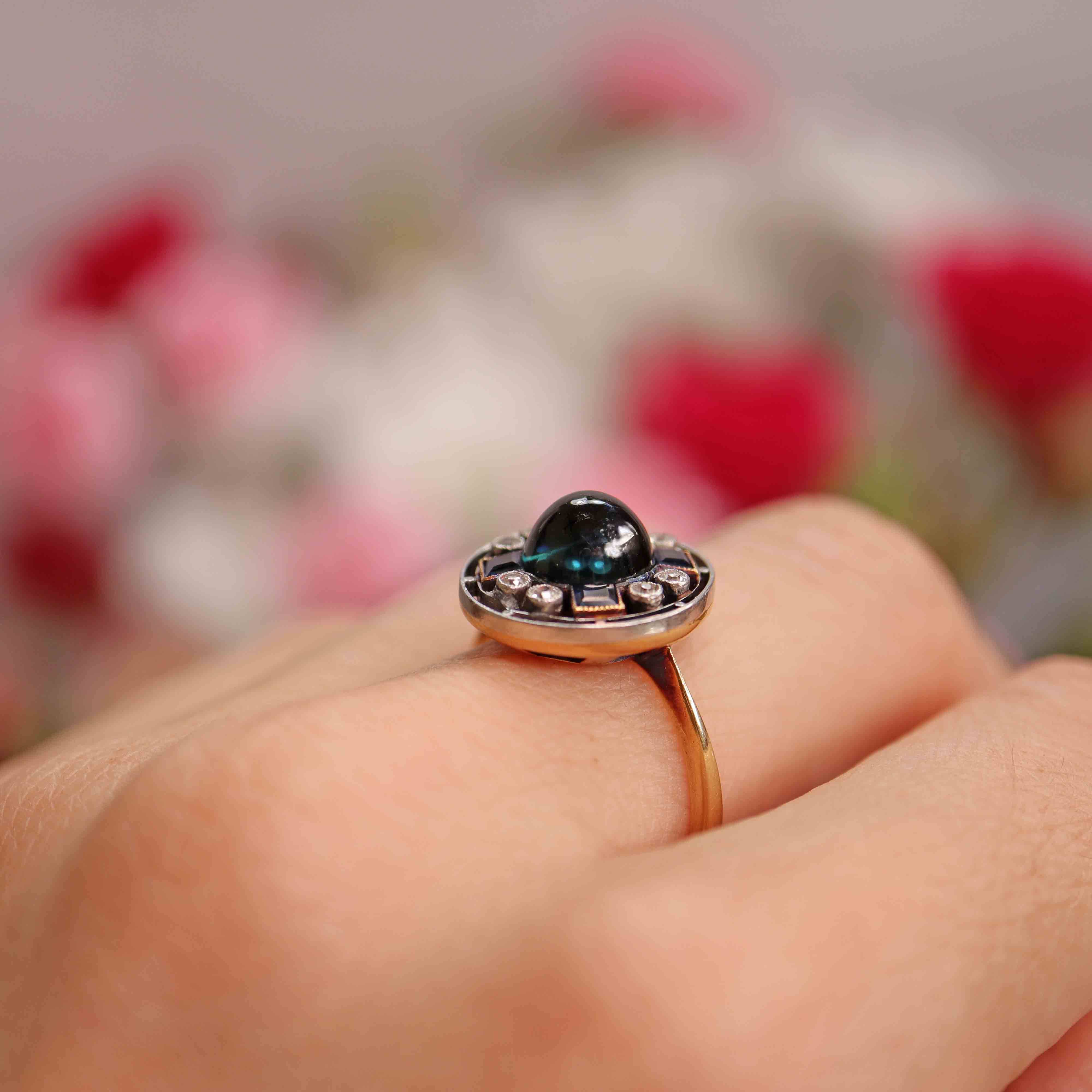 Ellibelle Jewellery Art Deco Cabochon Sapphire & Diamond 18ct Gold Platinum Target Ring