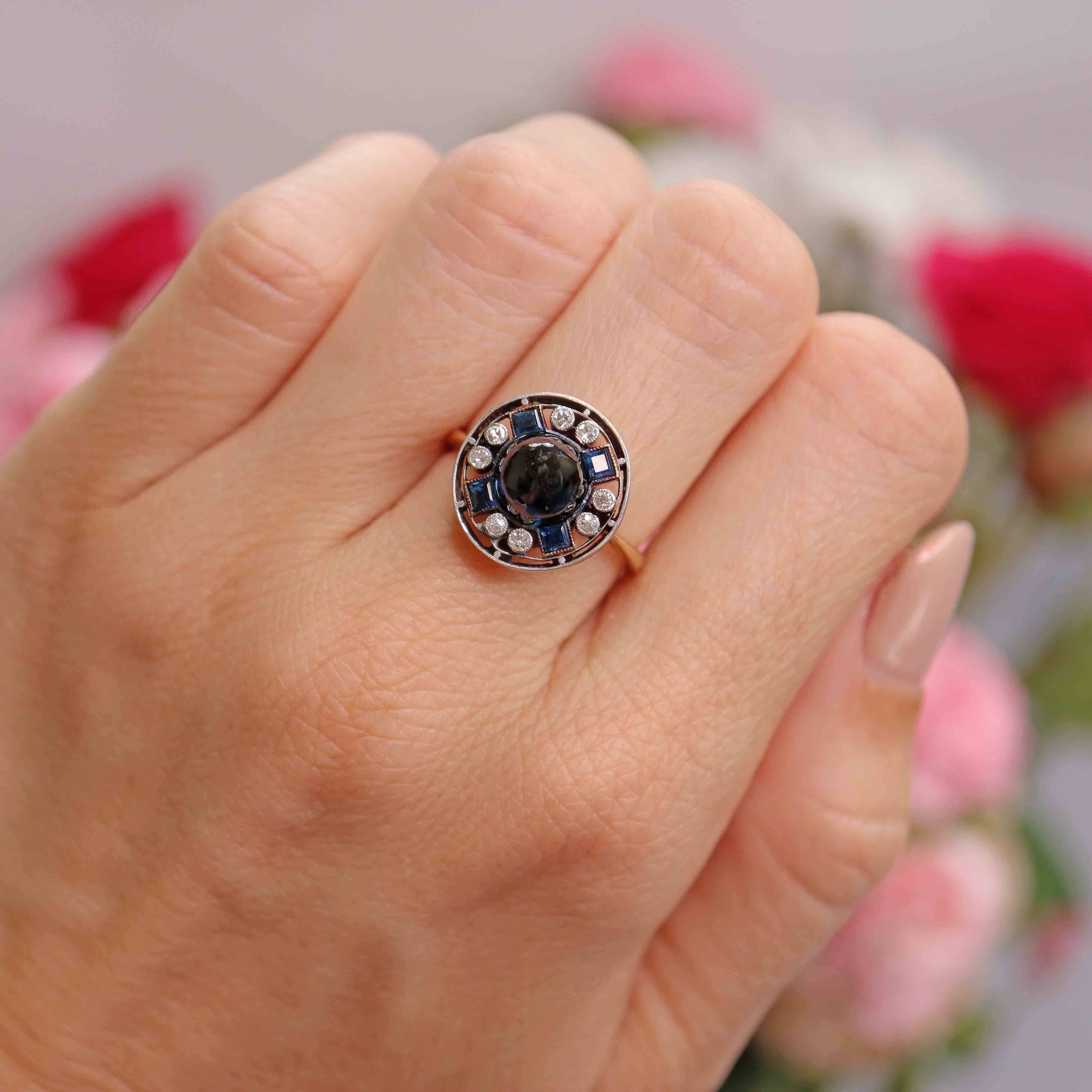 Ellibelle Jewellery Art Deco Cabochon Sapphire & Diamond 18ct Gold Platinum Target Ring