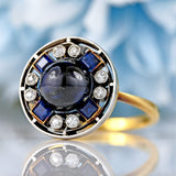 Ellibelle Jewellery Art Deco Cabochon Sapphire & Diamond 18ct Gold Platinum Target Ring