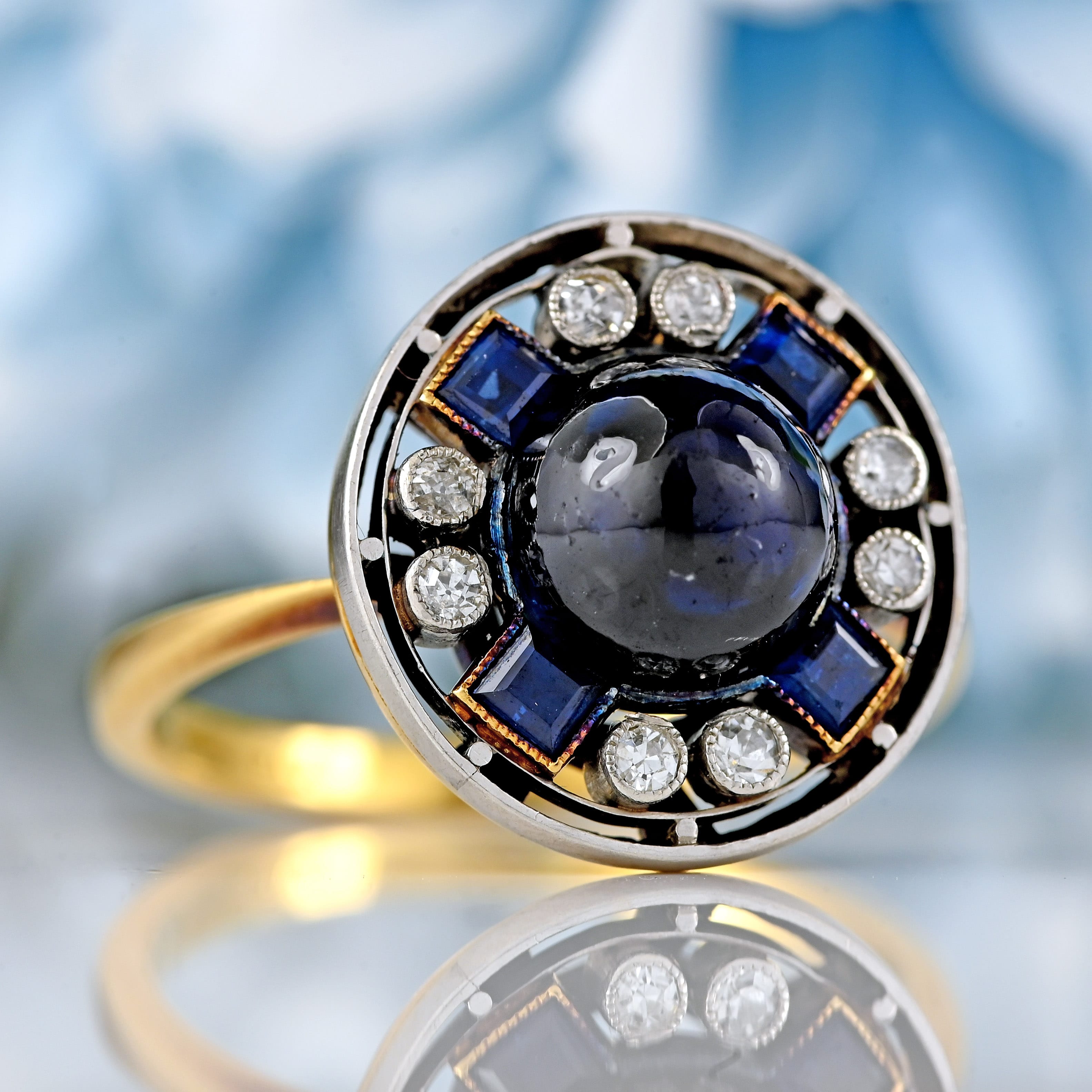 Ellibelle Jewellery Art Deco Cabochon Sapphire & Diamond 18ct Gold Platinum Target Ring