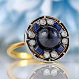 Ellibelle Jewellery Art Deco Cabochon Sapphire & Diamond 18ct Gold Platinum Target Ring