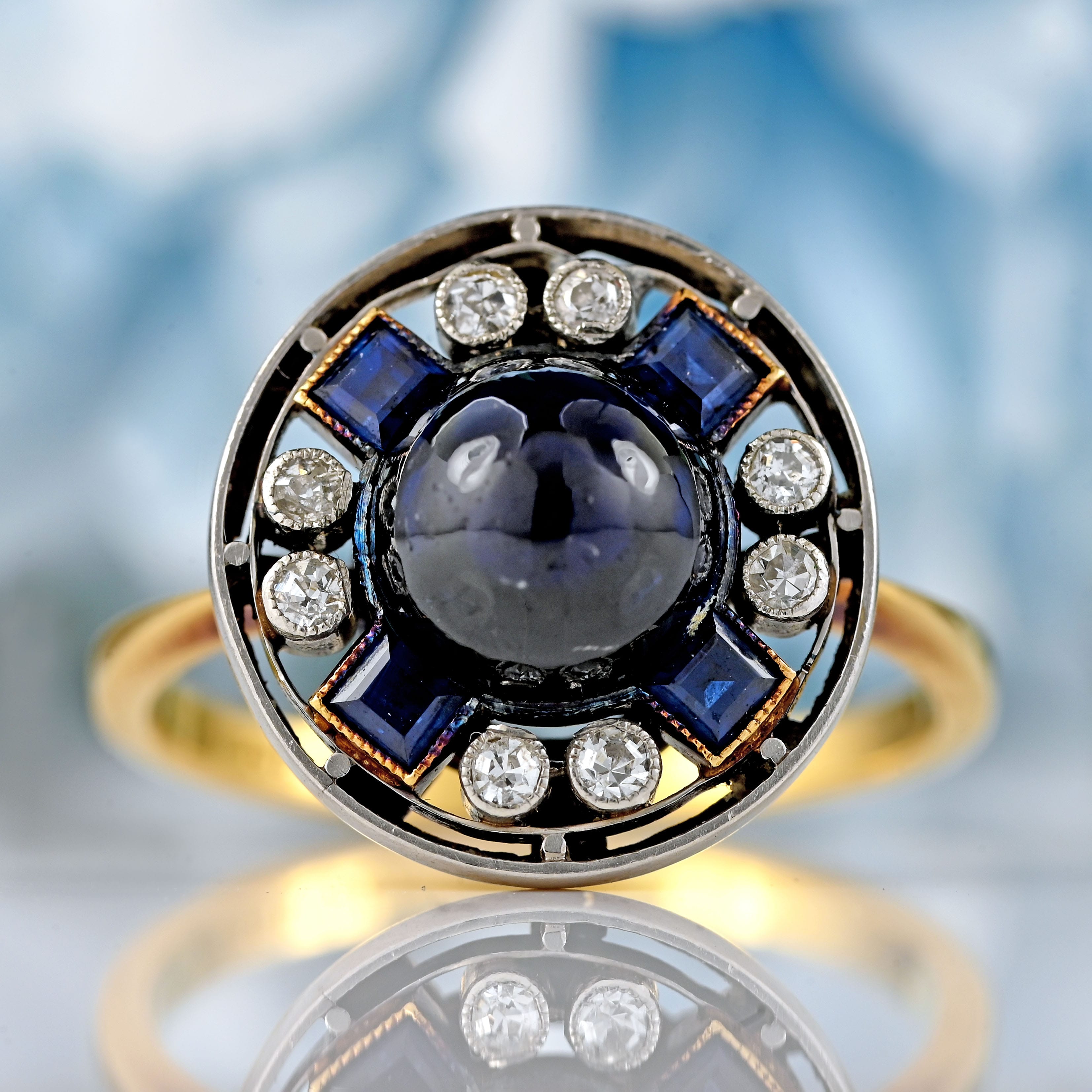 Ellibelle Jewellery Art Deco Cabochon Sapphire & Diamond 18ct Gold Platinum Target Ring