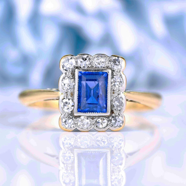 Ellibelle Jewellery Art Deco Ceylon Sapphire & Diamond 18ct Gold Cluster Panel Ring