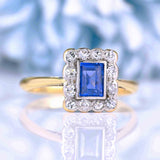 Ellibelle Jewellery Art Deco Ceylon Sapphire & Diamond 18ct Gold Cluster Panel Ring