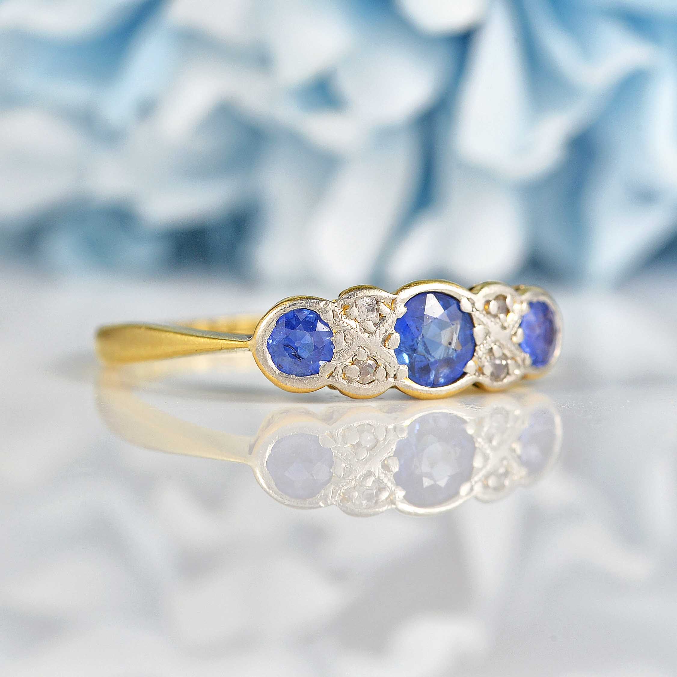 Ellibelle Jewellery Art Deco Ceylon Sapphire & Diamond 18ct Gold Platinum Bezel Ring